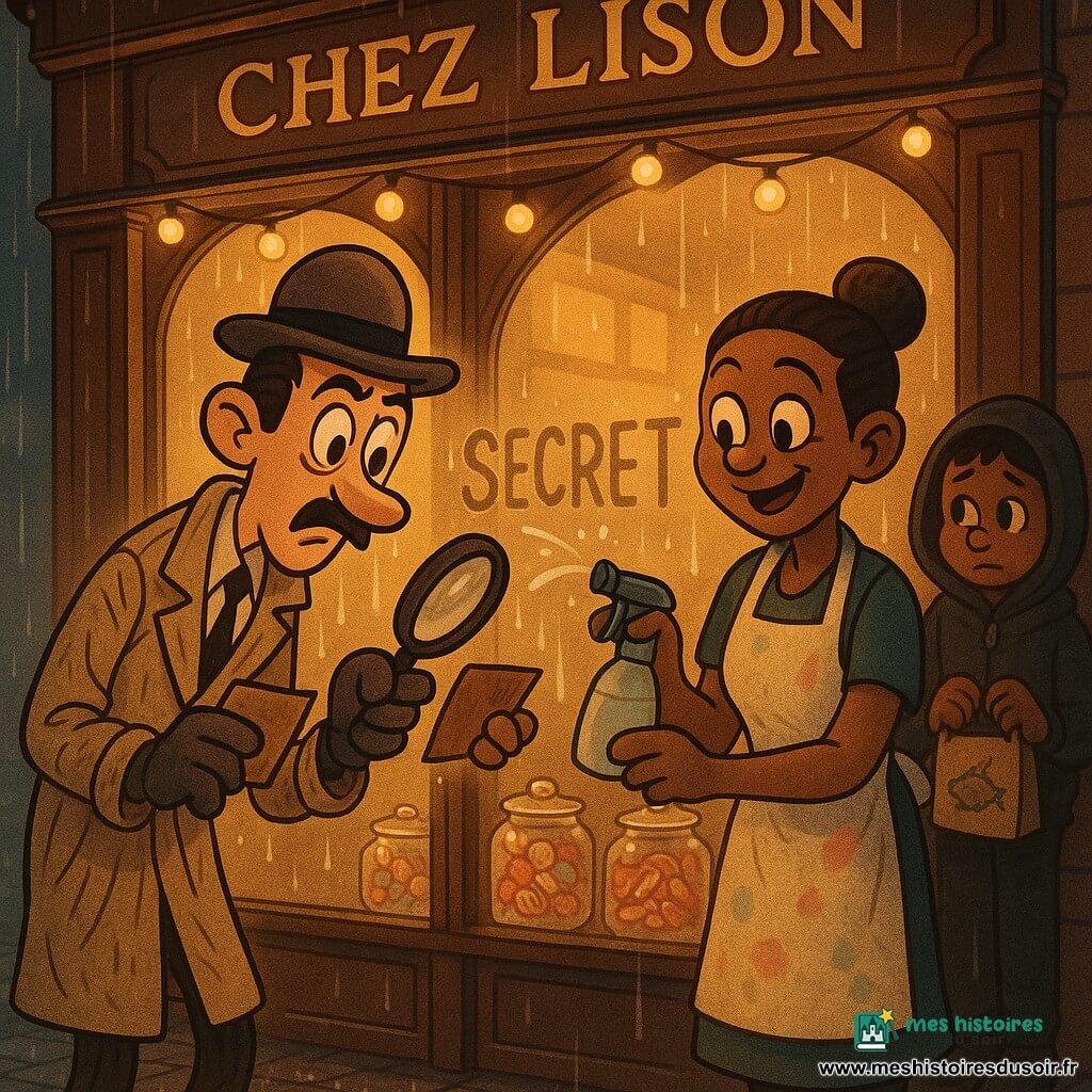 Un détective quarantaine, visage fin avec moustache discrète, manteau beige froissé et chapeau melon de travers, penché vers la vitrine, sourcils levés et loupe à la main examinant des lettres humides révélées par la buée; à droite Nora, vendeuse d’environ 30 ans en tablier taché, souriante et étonnée, pulvérise doucement la vitre; en arrière-plan Samir, adolescent de 13 ans à capuche, timide et soulagé, tient un petit sac en papier. La scène se situe devant la confiserie ancienne « Chez Lison » à la tombée de la nuit, grande vitrine brillante avec bocaux alignés, guirlande de lampes chaudes, pavés humides et pluie fine; ambiance lumineuse, légèrement dramatique, couleurs chaudes et style cartoon rétro aux traits ronds et expressifs.