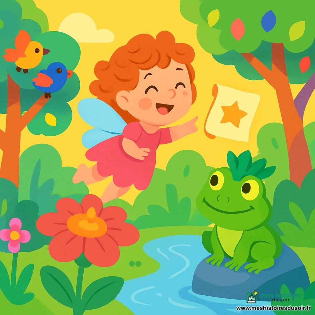 Une petite fée rose aux ailes bleu ciel, nommée Lila, vole joyeusement au-dessus d'une fleur géante qui sent la fraise. Son visage est illuminé par un grand sourire, ses yeux pétillent d'émerveillement et ses cheveux bouclés flottent au vent. À côté d'elle, une grenouille chef avec une couronne en feuilles vertes l'observe, assise sur un caillou au bord d'une rivière scintillante. La forêt est remplie d'arbres colorés, leurs feuilles brillent sous le soleil. Des oiseaux aux plumes éclatantes chantent, tandis qu'un doux parfum de fleurs embaume l'air. Lila découvre une invitation dorée flottant devant elle, l'incitant à explorer les merveilles de la forêt.