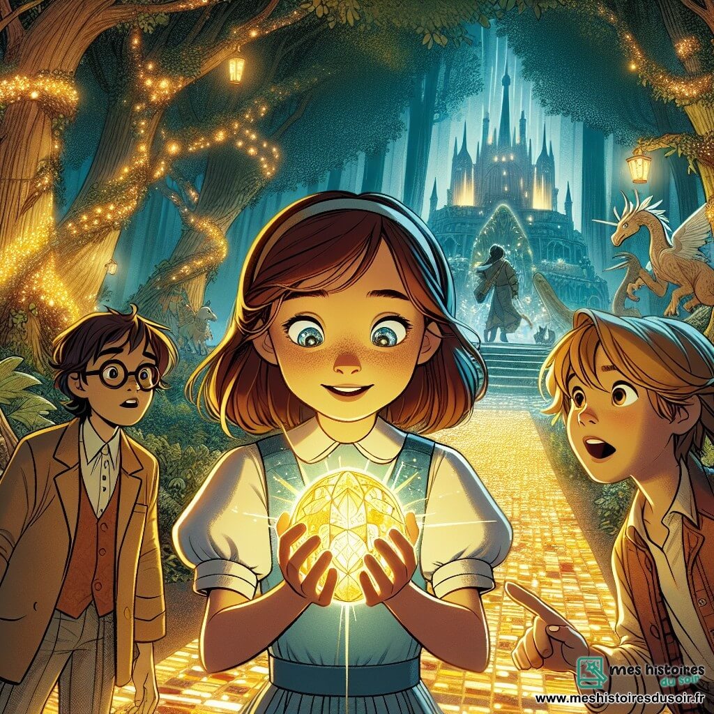 Au centre de l'image, Alice, une fille de 10 ans aux longs cheveux bruns, tient une pierre lumineuse émettant une douce lumière dorée. À sa droite, Hugo, un garçon de 11 ans aux cheveux blonds en bataille et portant des lunettes, admire la pierre avec un large sourire. À gauche, Clément, un garçon de 10 ans avec des cheveux châtains, pointe un chemin pavé de pierres luminescentes menant à un temple mystérieux. Ils se trouvent dans une forêt enchantée, peuplée d'arbres majestueux et de créatures fantastiques, tandis qu'un ancien temple, couvert de lierre, se dresse en arrière-plan. Les enfants sont réunis autour du Cœur de l'Aube, une pierre magique flottante, se préparant à affronter les épreuves du temple.
