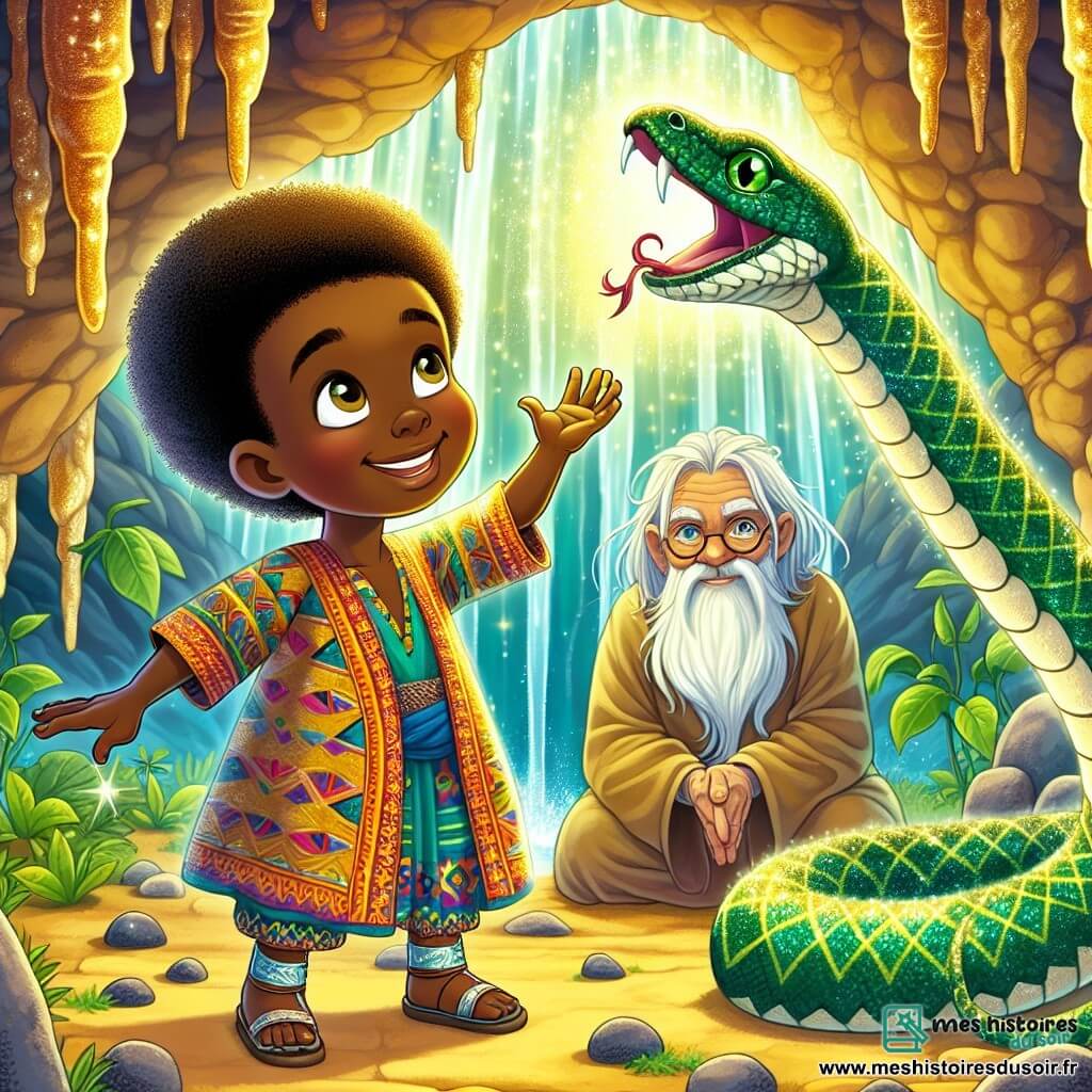 Au centre de l'image, Mosi, un jeune homme africain d'environ 20 ans, sourit avec curiosité. Il a la peau brun chaud, des cheveux crépus et porte un vêtement traditionnel coloré. Mosi tend la main vers un serpent aux écailles scintillantes, enroulé autour d'un rocher, ses yeux verts brillants de sagesse. À proximité, le Sage de la Montagne, un homme âgé d'environ 60 ans, est assis sur une pierre, vêtu d'une tunique simple, observant la scène avec bienveillance. Le décor est une grotte magique, illuminée par des reflets dorés d'une cascade, avec des stalactites et des plantes médicinales. Mosi écoute le Serpent de la Sagesse, qui lui révèle les secrets de la nature, capturant l'esprit d'aventure et de découverte dans ce conte africain fascinant.