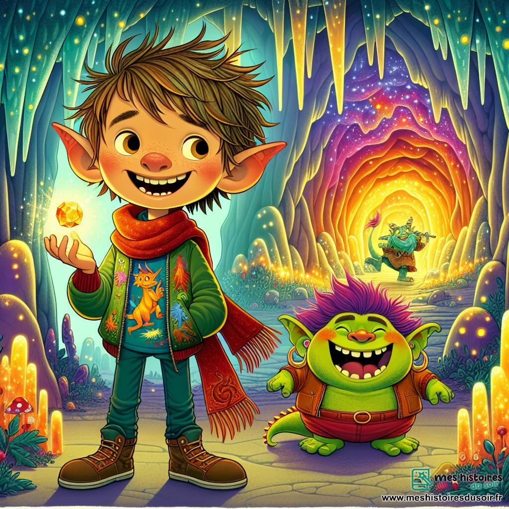 Au centre de l'image, un garçon de 12 ans nommé Octave, avec des cheveux châtains en bataille et un grand sourire, se tient devant une grotte lumineuse. Il porte un T-shirt avec un dragon coloré et une écharpe rouge, ses yeux brillants d'excitation. À ses côtés, un troll farceur, petit et rond, avec une peau verte, tient une clé brillante et rit joyeusement. En arrière-plan, un dragon aux écailles multicolores, endormi, ronfle dans sa grotte, entouré de stalactites scintillantes. La scène se déroule dans une forêt enchantée, où les arbres souriants et les fleurs chantantes ajoutent de la magie à l'environnement. Octave, le troll et le dragon sont en quête de la pierre de sagesse perdue, créant une atmosphère d'aventure.