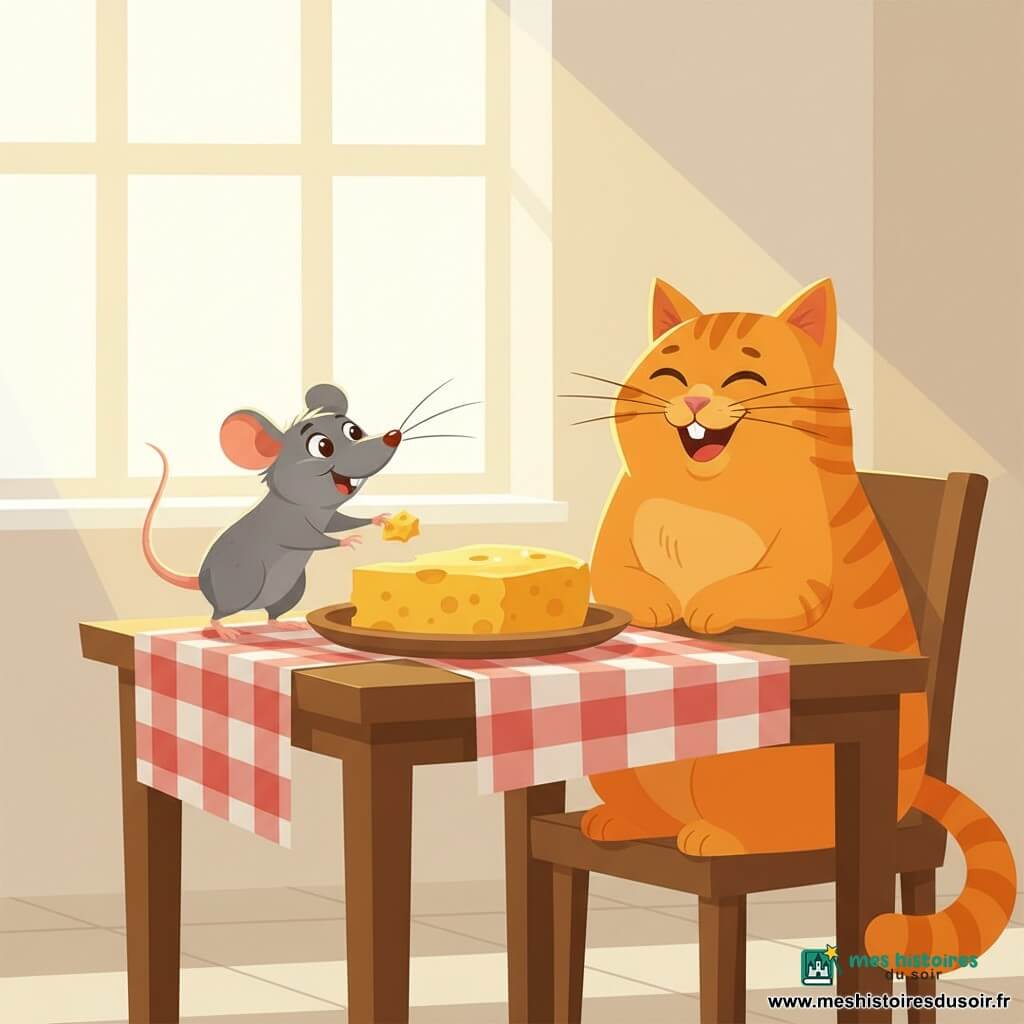 Rémi, petit rat gris aux grandes oreilles rondes et longues moustaches, se tient sur la pointe des pattes, queue courbée, tend une patte pour attraper un morceau de fromage doré pendant que Félix, grand chat orange rayé au pelage doux et aux yeux plissés, rit la bouche ouverte et reste distrait, assis à droite de Rémi sur une table en bois recouverte d’une nappe à carreaux rouges et blancs portant un grand plateau avec un gros fromage brillant ; la cuisine lumineuse aux murs crème et au sol carrelé est traversée d’un rayon de soleil — scène tendre et amusante aux couleurs vives, formes simples et contours nets.