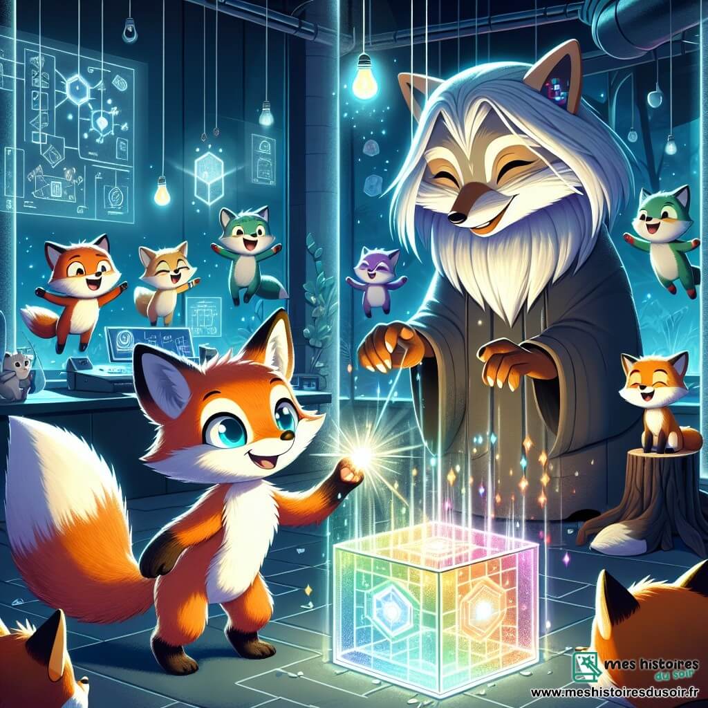 Illustration d'un renard aux yeux pétillants et à la fourrure flamboyante, curieux et excité, devant un cube en verre lumineux. Une vieille renarde au pelage argenté, bienveillante et mystérieuse, l'observe depuis une souche. Un groupe de renards joyeux les entoure, discutant. Le décor est un laboratoire secret avec des murs en verre, des machines bourdonnantes, des lumières vives et des écrans clignotants. Le jeune renard découvre le cube mystérieux, prêt à révéler un secret pour transformer leur ville, tandis que des éclats de lumière illuminent les visages émerveillés. L'atmosphère est magique et futuriste, avec des plantes phosphorescentes et des drones flottants.