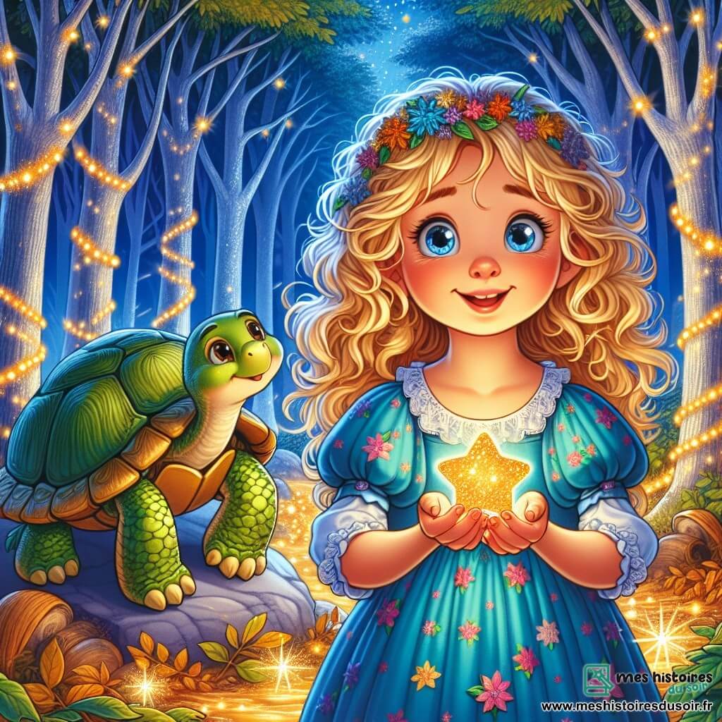 Lila, une petite fille de 8 ans aux cheveux bouclés et dorés, porte une robe bleue à fleurs et sourit avec curiosité. Elle tient une étoile scintillante dans ses mains. À ses côtés, une tortue sage, avec un dos verdoyant et des yeux pétillants, l'observe sur une pierre. La scène se déroule dans la Forêt des Miroirs, où des arbres aux troncs argentés reflètent la lumière et des feuilles dorées tombent doucement, créant une atmosphère magique. Lila, fascinée, s'apprête à poser une question à la tortue pour mieux comprendre ce monde enchanteur.