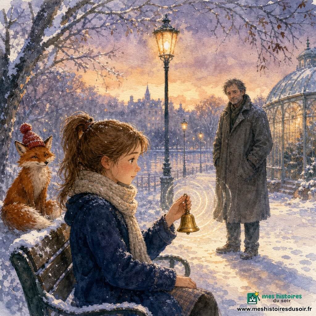 Léa, 12 ans, regarde tendrement une petite clochette dorée qu'elle tient dans sa main, cheveux châtain clair en queue de cheval, manteau bleu marine et écharpe crème, assise sur un banc enneigé; un homme d'environ 50 ans, au long manteau gris et au regard fatigué adouci, se tient debout à quelques pas, mains partiellement dans les poches; derrière Léa, un petit renard roux coiffé d'un bonnet rouge observe la scène; le parc hivernal au crépuscule présente des allées poudrées de neige, des lampadaires orangés, un étang gelé et une serre vitrée rouillée sous des branches enneigées; Léa fait tinter doucement la clochette pour l'apaiser, un minuscule tintement matérialisé par de légères ondes lumineuses, atmosphère calme et pastel d'aquarelle.