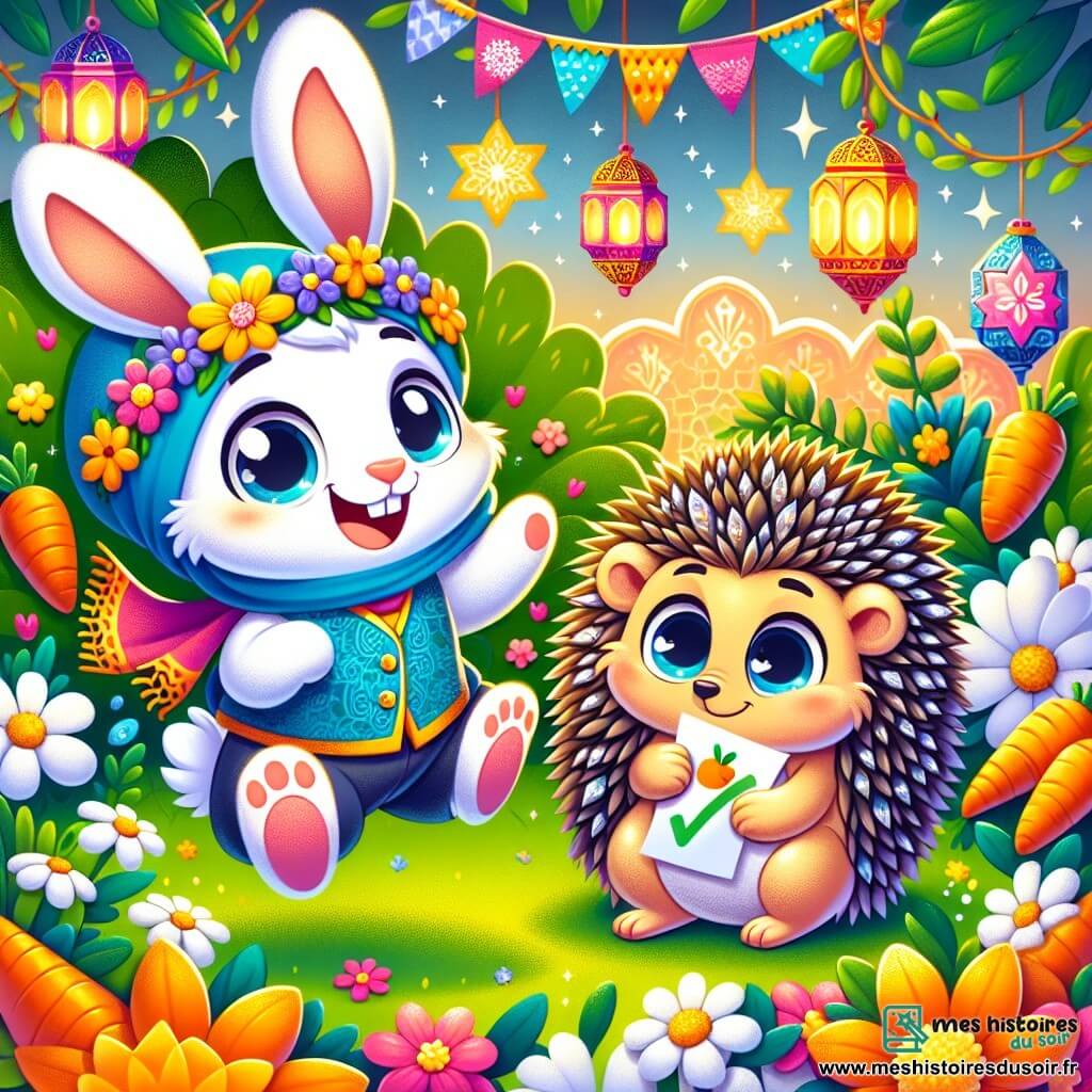 Léo le lapin, joyeux et enthousiaste avec son pelage doux et un chapeau orné de fleurs, saute dans un jardin fleuri. Sami le hérisson, avec ses piquants brillants et ses grands yeux ronds, sourit en tenant une liste de courses. Le jardin est vibrant, rempli de carottes orange, de marguerites blanches et jaunes, et de lanternes scintillantes. La scène montre Léo et Sami en préparation pour le Ramadan, entourés de couleurs vives et d'une atmosphère festive, évoquant la magie de l'amitié et du partage.
