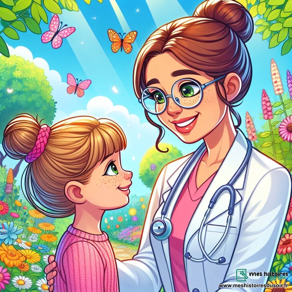 Le personnage principal est Docteur Lily, une femme souriante d’environ 30 ans, avec des cheveux bruns en chignon et des lunettes rondes. Elle porte une blouse blanche et un stéthoscope, regardant bienveillant une petite fille, Clara, 7 ans, avec de longs cheveux blonds et des taches de rousseur. Clara, en pull rose, sourit, se sentant mieux après avoir pris l’air frais. La scène se déroule dans un jardin coloré, rempli de fleurs et d’arbres, sous un soleil brillant avec des papillons. Docteur Lily aide Clara à se sentir mieux après un rhume en l’encourageant à respirer l’air frais du jardin.