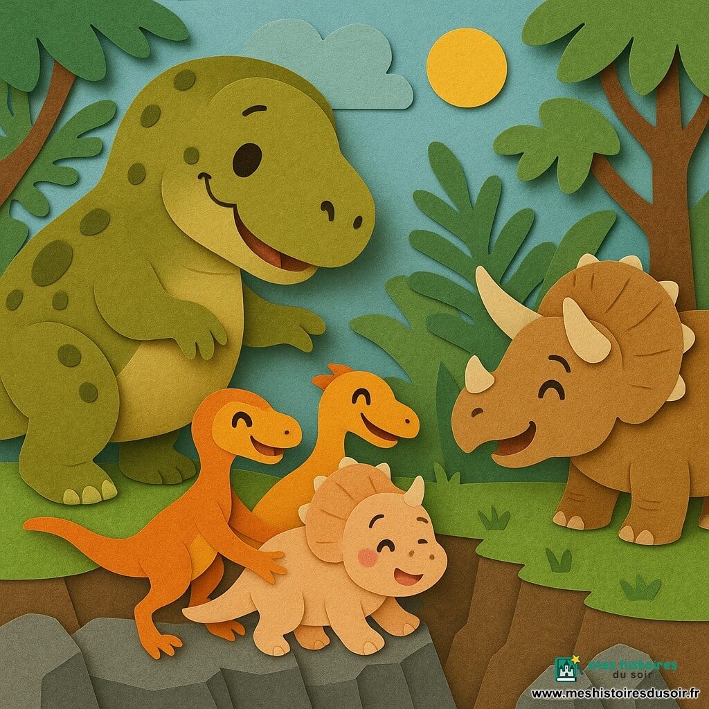 Un Tyrannosaure Rex rond au cuir vert olive tacheté, au regard doux et posture protectrice, tend une patte vers un bébé Triceratops dodu couleur pêche aux joues roses, soulagé, que deux petits vélociraptors vifs aux plumes orange et jaune tiennent et sortent d’un ravin rocheux pour le ramener à sa maman Triceratops robuste au cuir brun clair, cornes larges, qui attend heureuse sur une prairie verte ; clairière préhistorique avec grandes fougères, troncs épais, rochers gris et ciel bleu avec soleil jaune ; scène de sauvetage joyeuse, sourires, couleurs vives, formes simples et contours nets, adaptée aux tout-petits.
