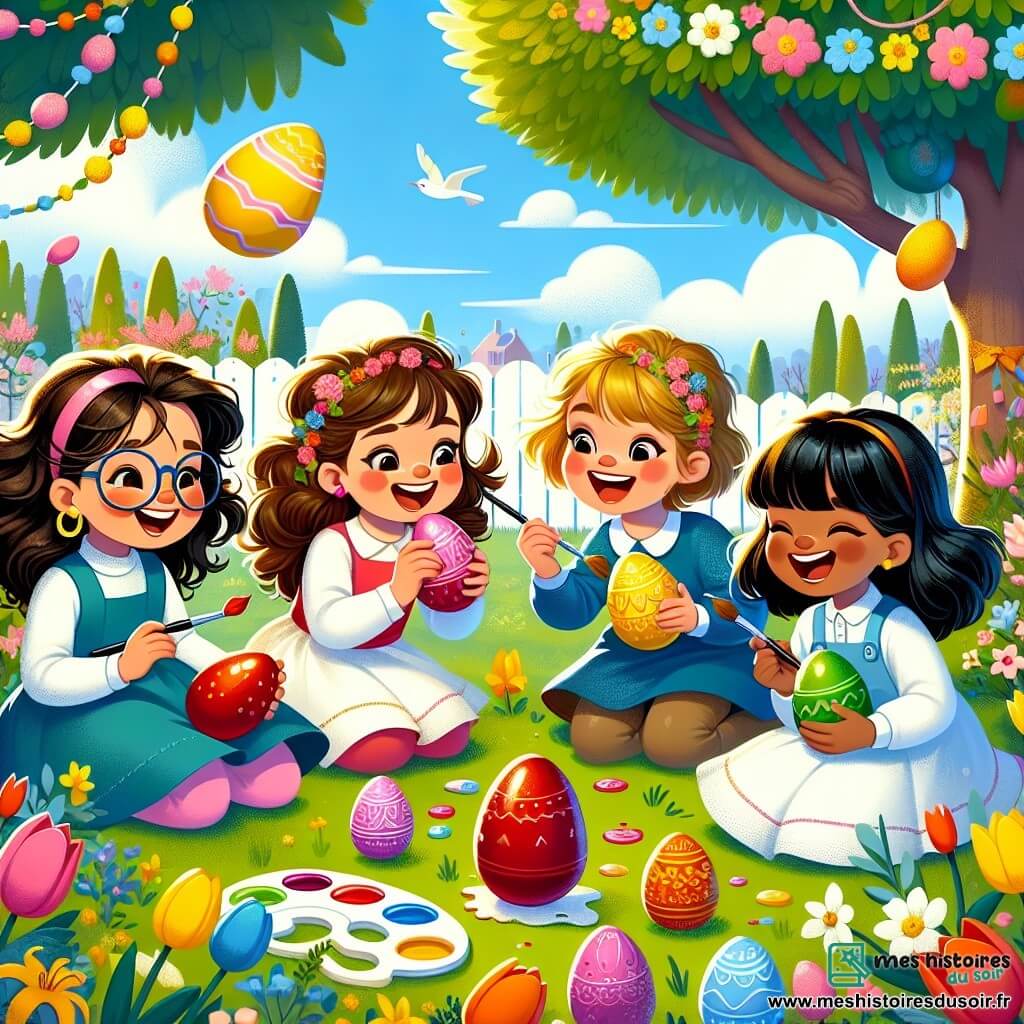 Quatre petites filles joyeuses, âgées de 7 à 8 ans, sont réunies dans une cour ensoleillée. Chloé peint un œuf en chocolat rouge, Lila rit en tenant un œuf bleu décoré, Ana admire un œuf vert brillant qu'elle a peint, et Zoé cache un œuf jaune sous un buisson fleuri. La cour est remplie de fleurs colorées, avec des tulipes et des jonquilles, et un grand arbre se dresse au fond, décoré de guirlandes de papier. Les filles s'amusent à peindre et cacher des œufs de Pâques, riant et chantant ensemble, créant une ambiance festive.