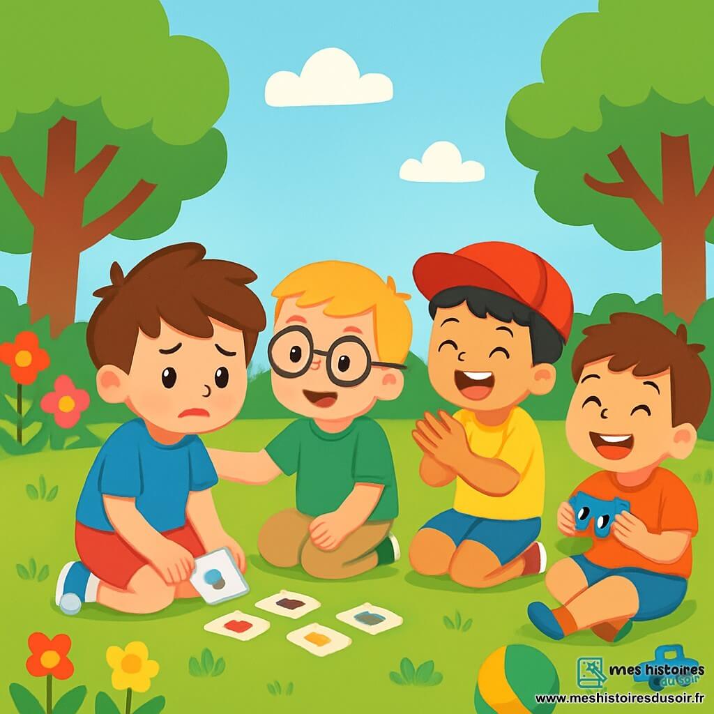 Quatre enfants sont réunis dans un jardin ensoleillé. Tom, 7 ans, a des cheveux bruns en bataille et porte un t-shirt bleu et un short rouge. Il est assis par terre, inquiet en regardant les cartes de jeu. À côté de lui, Léo, 7 ans, avec des cheveux blonds et des lunettes rondes, sourit et l'encourage. Noé, 6 ans, a des cheveux noirs et une casquette rouge, et il tape dans ses mains avec enthousiasme. Louis, 8 ans, avec des cheveux châtains et un t-shirt orange, est assis légèrement en retrait avec des petites voitures, riant avec ses amis. Le jardin est rempli de fleurs colorées et d'arbres verts, et les enfants jouent joyeusement ensemble, partageant leurs émotions.