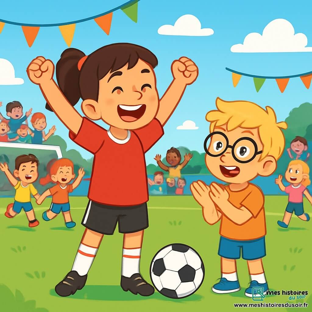Zoé, une jeune footballeuse enthousiaste en maillot rouge et short noir, sourit en levant les bras en signe de victoire sur le terrain de football. À ses côtés, Léo, un petit garçon de 8 ans avec des lunettes et des cheveux blonds en bataille, applaudit avec admiration. Le terrain est verdoyant, entouré de spectateurs joyeux et de banderoles colorées, sous un ciel bleu avec quelques nuages. La scène montre Zoé célébrant la victoire de son équipe après un match palpitant, entourée d'enfants curieux et enthousiastes.