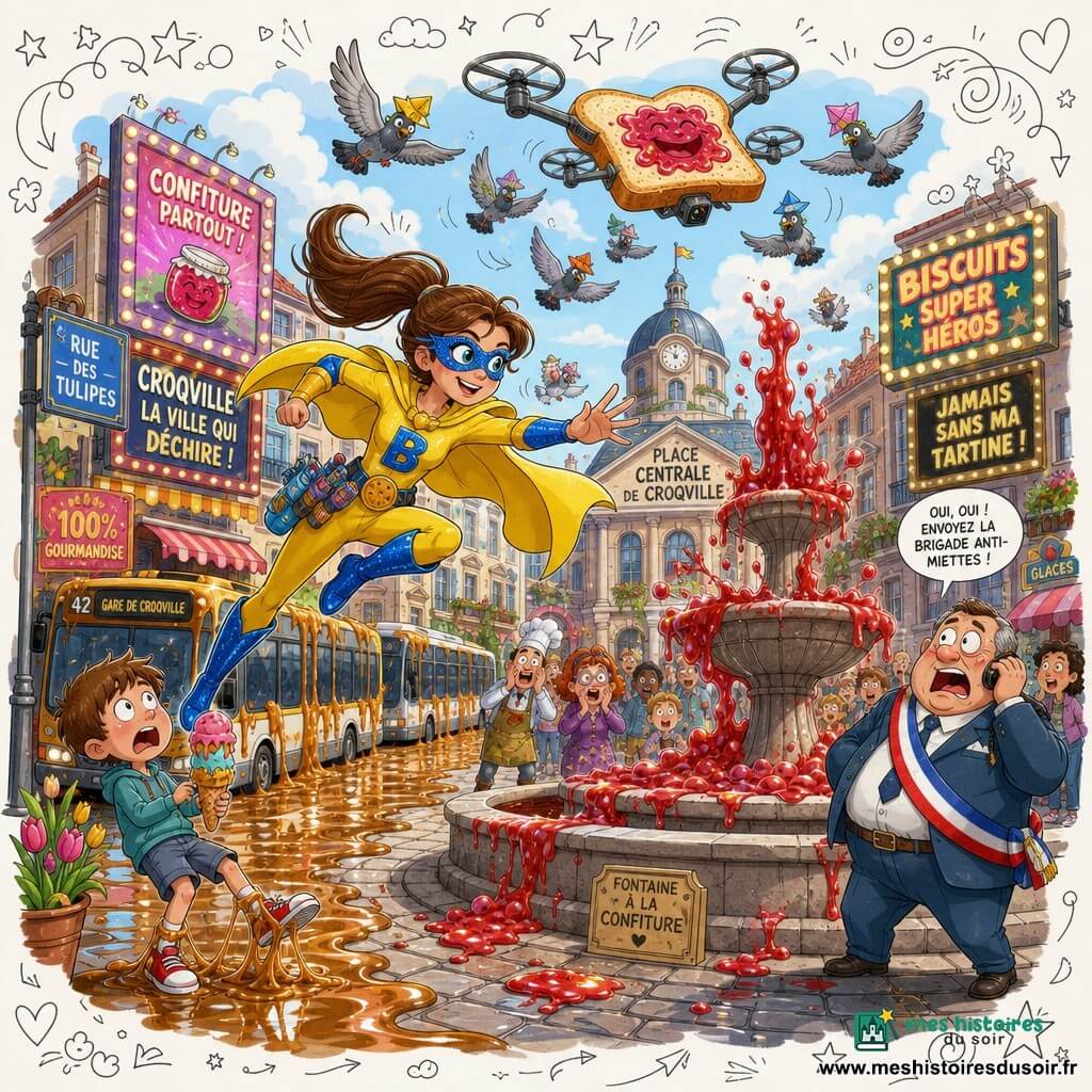Capitaine Biscotte, jeune héroïne déterminée au sourire concentré, cape jaune citron flottante, bottes bleu électrique, masque scintillant et ceinture à gadgets, saute en posture dynamique vers une fontaine qui éclabousse de confiture. Le Maire, homme d’environ 50 ans à la silhouette ronde et au costume trop grand, a une expression paniquée et comique, parlant dans une montre-oreillette au bord de la place. Un garçon de 8 ans, visage étonné, tient une glace fondante et est collé au sol par du caramel près de ses chaussures. Plusieurs pigeons portant de petits chapeaux en papier volent en cercle au-dessus de la fontaine autour d’un drone géant en forme de tartine. Lieu : Place Centrale de Croqville — grande fontaine en pierre éclaboussée de confiture rouge, pavés couverts de nappes de caramel, panneaux publicitaires clignotants et bus bloqués sur la rue des Tulipes. Scène comique et chaotique : la fontaine crache de la confiture, la rue est gluante de caramel et Capitaine Biscotte s’apprête à intervenir tandis que les habitants regardent, amusés et surpris.