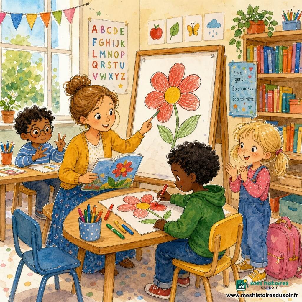 Une institutrice souriante aux cheveux châtain clair en chignon, vêtue d’un cardigan jaune moutarde et d’une jupe bleue, tient un grand livre et montre une fleur dessinée au tableau pendant qu’un garçon de 6 ans aux cheveux bouclés colorie avec un feutre rouge assis à la table, une fille de 5 ans aux couettes blanches applaudit près d’un cartable rose et un autre garçon de 6 ans portant des lunettes compte sur ses doigts à l’arrière; la classe est lumineuse avec de grandes fenêtres, des posters de l’alphabet, des étagères de livres colorés et des pots de feutres, ambiance calme et joyeuse, couleurs vives et textures aquarelle.