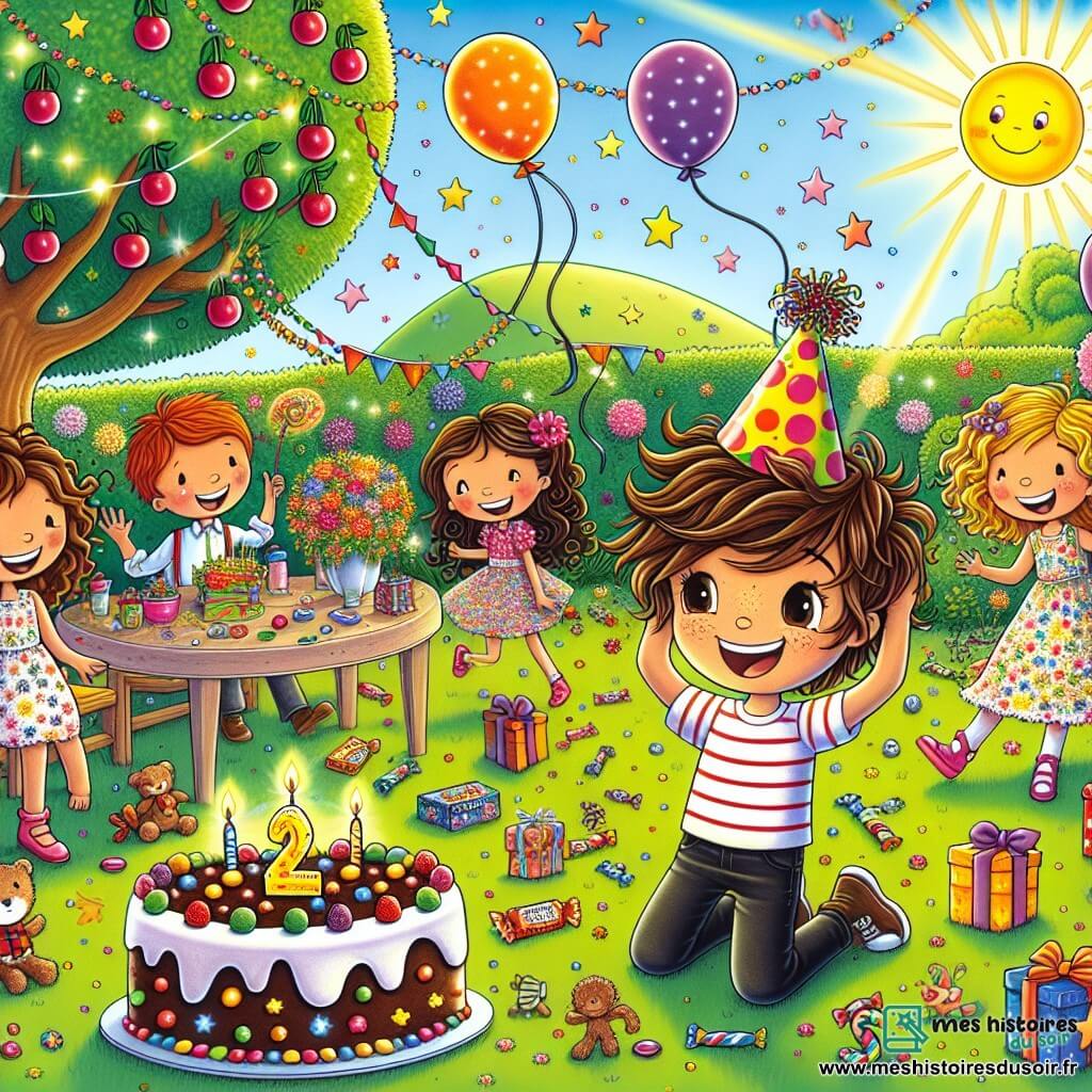 Dans un jardin ensoleillé, Léo, un garçon de 11 ans avec des cheveux bruns en bataille et un chapeau de fête décoré d'étoiles, sourit au centre de la scène. À sa gauche, Clara danse joyeusement dans une robe colorée, et à sa droite, Tom, avec des lunettes rondes, tient un gros paquet cadeau. Emma est accroupie près d'un cerisier, curieuse, tandis que Max rit en tenant un bonbon flottant. Le jardin est décoré de ballons colorés, de guirlandes scintillantes et d'une grande table avec un gâteau au chocolat. Léo et ses amis célèbrent son anniversaire dans une ambiance magique, tandis qu'un petit dragon scintillant, Pikou, vole au-dessus d'eux en faisant tomber des confettis.