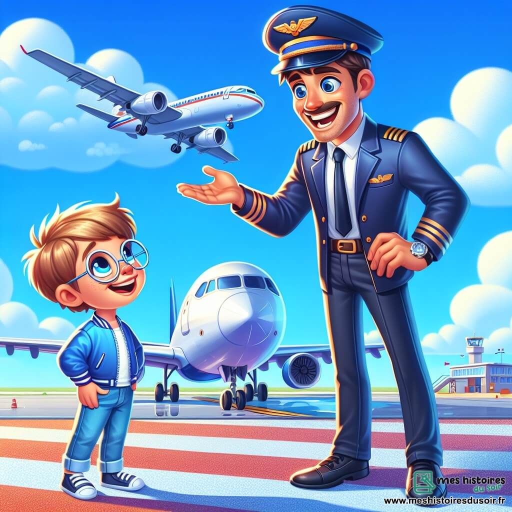 Un homme, Paul, pilote d'avion, se tient souriant sur le tarmac, portant une casquette bleue et une veste élégante. Ses yeux brillent d'excitation et ses cheveux châtains sont légèrement ébouriffés par le vent. Il parle joyeusement à un petit garçon d'environ 7 ans, aux cheveux blonds et lunettes rondes, qui l'écoute attentivement, les mains sur les hanches. L'aéroport est animé, avec un grand avion blanc et bleu en arrière-plan, sous un ciel bleu éclatant. Paul explique avec enthousiasme comment piloter un avion, tandis que le garçon rêve de voler.