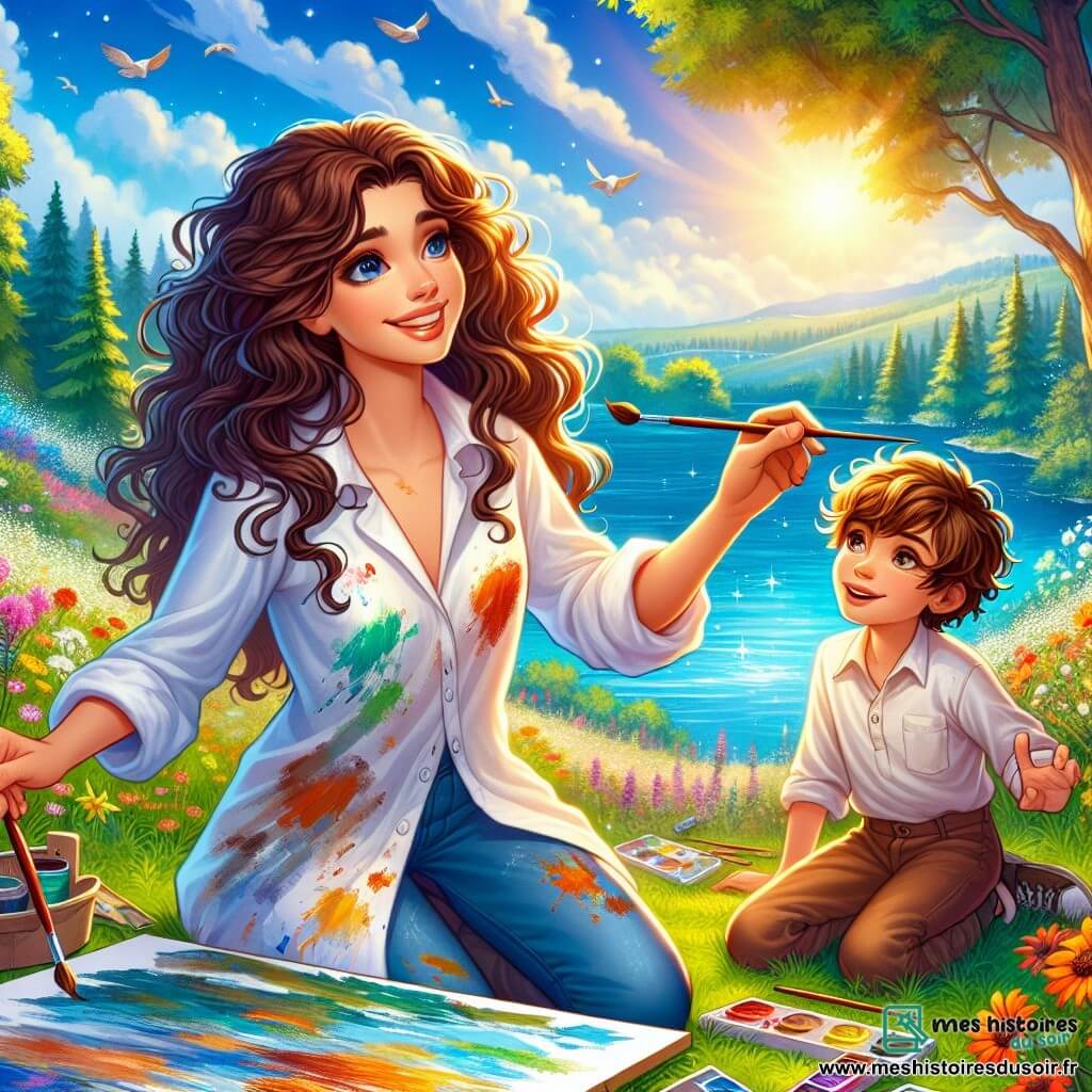 Éloïse, une jeune femme aux cheveux châtains ondulés, est assise sur l'herbe, souriante. Elle porte une blouse blanche tachée de peinture et tient un pinceau, prête à peindre le paysage. À ses côtés, Lucas, un garçon de dix ans aux cheveux bruns en bataille, l'observe avec émerveillement, assis en tailleur et un pinceau à la main. Ils se trouvent au bord d'un lac, entouré d'arbres verdoyants et de fleurs colorées, sous un soleil éclatant. Éloïse montre à Lucas comment peindre les vagues du lac, tandis que des oiseaux chantent dans les branches. Cette scène illustre un moment de créativité et de partage entre deux artistes en herbe.