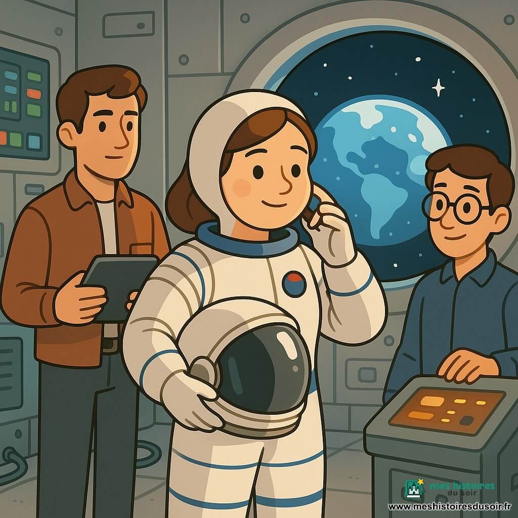 Lina, astronaute au visage rond et au sourire doux, porte une combinaison blanche à bandes bleues et tient un casque argenté contre sa poitrine en ajustant la visière près d'une grande baie vitrée ; Sam, 32 ans, cheveux courts châtains, à gauche, regarde des écrans en tenant une tablette ; Noa, 28 ans, visage jeune et lunettes rondes, à droite, surveille des instruments près d'une console lumineuse ; le centre spatial est une grande salle propre aux murs métalliques avec panneaux lumineux, câbles soignés et une immense fenêtre montrant la Terre et les étoiles ; Lina se prépare au départ, la lumière douce éclairant son visage, ambiance paisible et pleine d'espoir.