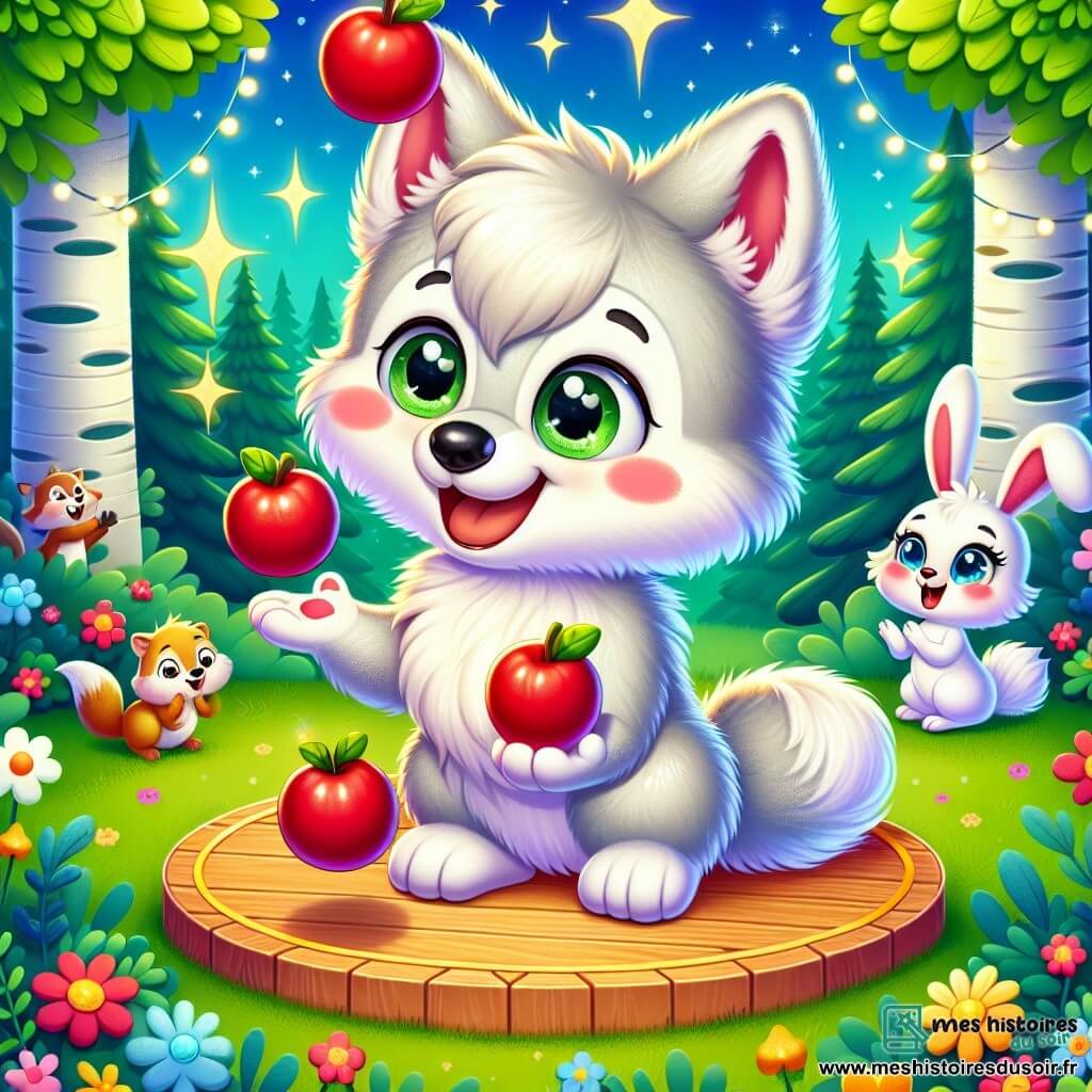 Illustration d'un jeune loup au pelage gris clair jonglant joyeusement avec trois pommes rouges sur une petite scène en bois, affichant un grand sourire. À proximité, une lapine blanche aux grandes oreilles applaudit avec enthousiasme, fière de son ami. Le décor est une forêt verdoyante avec des arbres majestueux, des fleurs colorées et un ciel bleu clair. Les animaux, comme des écureuils et des oiseaux, regardent la scène avec admiration. Le loup captive l'attention de tous, illustrant la confiance en soi et la joie de partager ses talents, avec des applaudissements stylisés et des étoiles scintillantes pour une atmosphère festive.