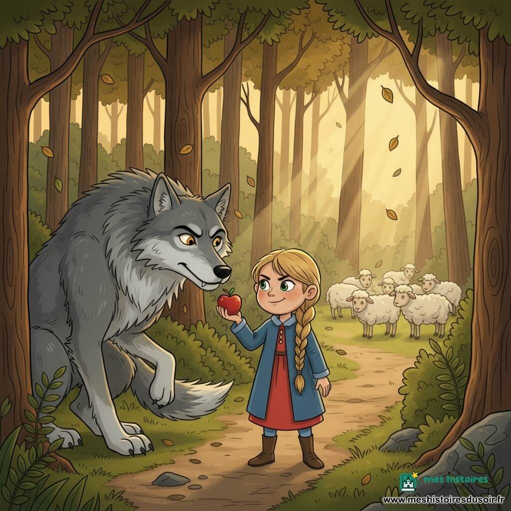 Une fillette de 8 ans au visage rond et taches de rousseur, cheveux blonds en tresse et yeux verts, maline mais un peu anxieuse, sourit en fronçant les sourcils ; elle tend une pomme rouge brillante vers un grand loup gris, corpulent et musclé aux yeux jaunes, méfiant et reculant d'un pas, sur un petit chemin forestier ; à droite, un troupeau de moutons blancs pâture dans une clairière ; la forêt dense (troncs bruns, sous-bois sombre, feuilles dorées) baigne dans une lumière douce de fin d'après‑midi ; scène centrée sur ce geste de ruse et de tension, contrastes rouge/vert/gris, style graphique aux lignes nettes, couleurs saturées mais douces et textures simples, ambiance chaleureuse malgré le danger.