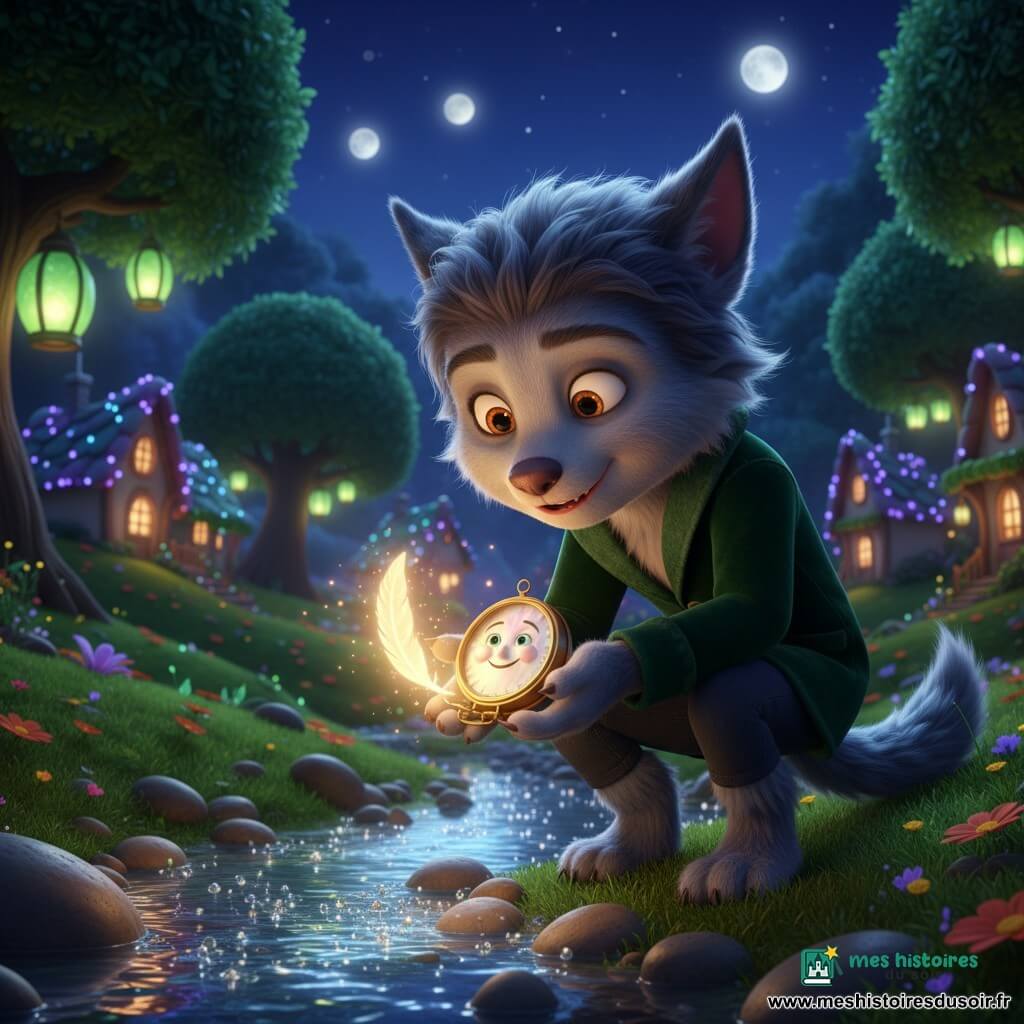 Un jeune loup-garou aux poils gris bleutés, grandes oreilles rondes et yeux ambrés, sourit timidement en tenant une petite boussole en nacre qui émet une plume lumineuse; il porte une veste en velours vert foncé et des bottes boueuses, accroupi au bord du Ruisseau-Argenté, patte trempée dans l'eau scintillante. La boussole, petite et joyeuse, tourne en laissant tomber des étincelles douces. Aucun humain n’est présent. Lieu : vallée nocturne aux herbes phosphorescentes, maisons aux toits scintillants, arbres-feuilles-lanternes et trois lunes nacrées dans un ciel indigo; lumières douces, lucioles et reflets argentés sur l'eau, textures de mousse veloutée, eau miroir et pierre humide. Scène : découverte émerveillée de la boussole des merveilles, prête à suivre la plume lumineuse. Style : rendu 3D cinématographique, couleurs saturées mais douces, formes rondes enfantines, atmosphère magique et chaleureuse.