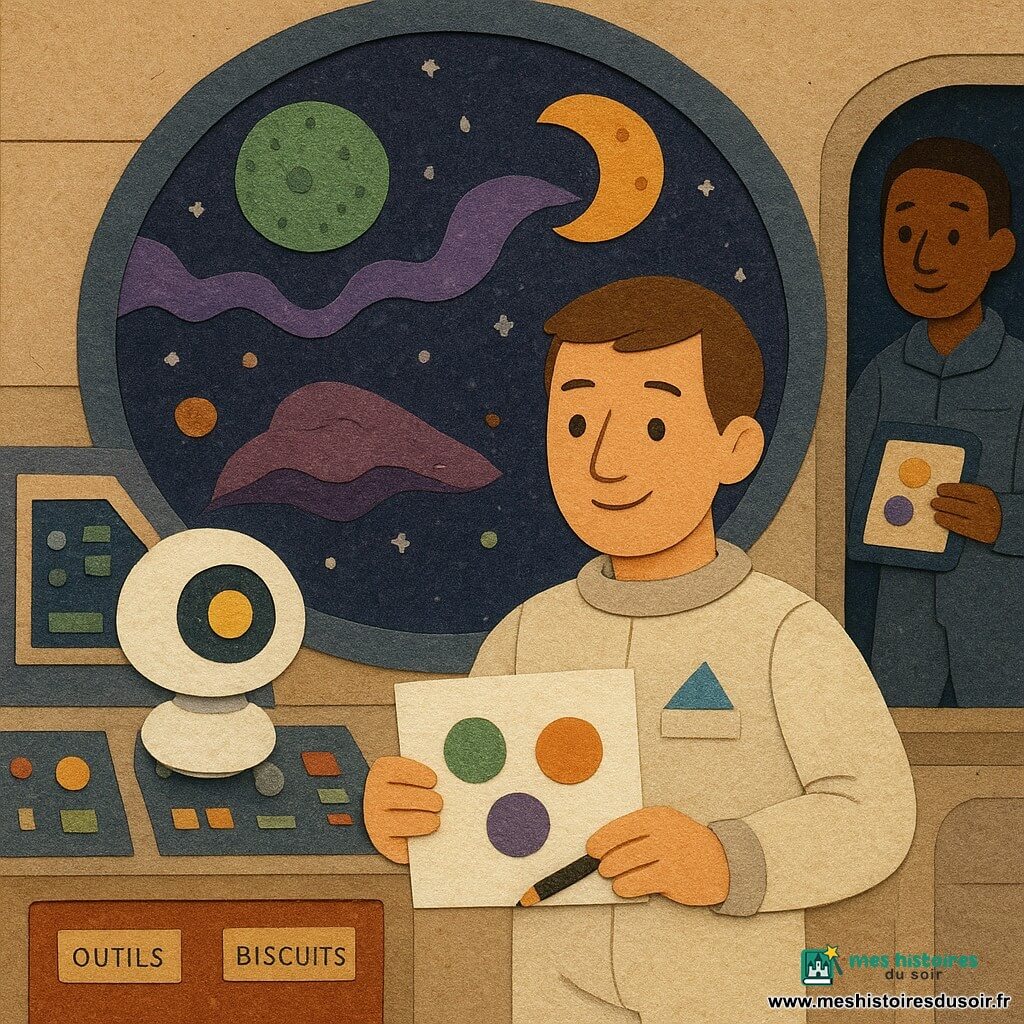 Léo, un homme calme et souriant aux cheveux bruns courts en combinaison spatiale claire avec un petit mouchoir bleu en poche, tient une carte en papier avec trois ronds colorés (vert, violet, orange) et écrit dessus; Nomi, l’ordinateur, est un petit robot rond blanc à grand œil lumineux flottant près du tableau de bord; une ingénieure d’une trentaine d’années, cheveux attachés et veste technique, observe une tablette où s’illuminent les mêmes trois points depuis l’arrière, derrière un hublot; un pilote d’environ 35 ans, pantalon de vol sombre et sourire fatigué, regarde la scène depuis l’entrée du vaisseau; le cockpit du petit vaisseau Pollen a un grand hublot rond, panneaux colorés, tiroirs étiquetés et décor papier avec étoiles et nébuleuses; dehors, visible par le hublot, une petite boule verte scintillante, un nuage violet en rubans et une lune orange avec trois rochers formant les repères lumineux; Léo montre sa carte et pointe les trois repères dans une scène douce et rassurante aux formes nettes et couleurs vives adaptées aux enfants.