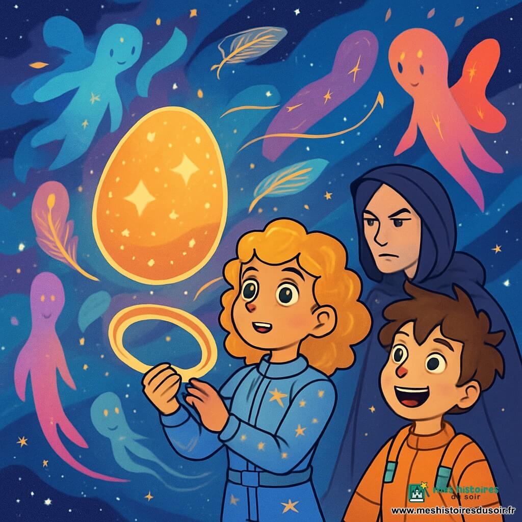 Alya, une jeune fille de douze ans aux cheveux bouclés et dorés, se tient au centre d'une nébuleuse scintillante, son visage illuminé par l'émerveillement et la détermination. Elle porte une combinaison spatiale légère ornée de motifs étoilés et tient un anneau lumineux, prête à poser une question au cosmos. À ses côtés, Milo, un garçon aux cheveux en bataille et aux yeux pétillants, l'observe avec curiosité. En arrière-plan, Dame Ustrine, une femme aux traits sévères, se tient légèrement en retrait, l'air perplexe mais intéressée. Le décor est une vaste nébuleuse remplie de plumes de lumière et d'œufs-cosmos scintillants, créant une atmosphère magique. Alya est prête à poser sa question, tandis que les Tisseurs d’Aurore, des êtres translucides, flottent autour d'eux, chantant doucement.