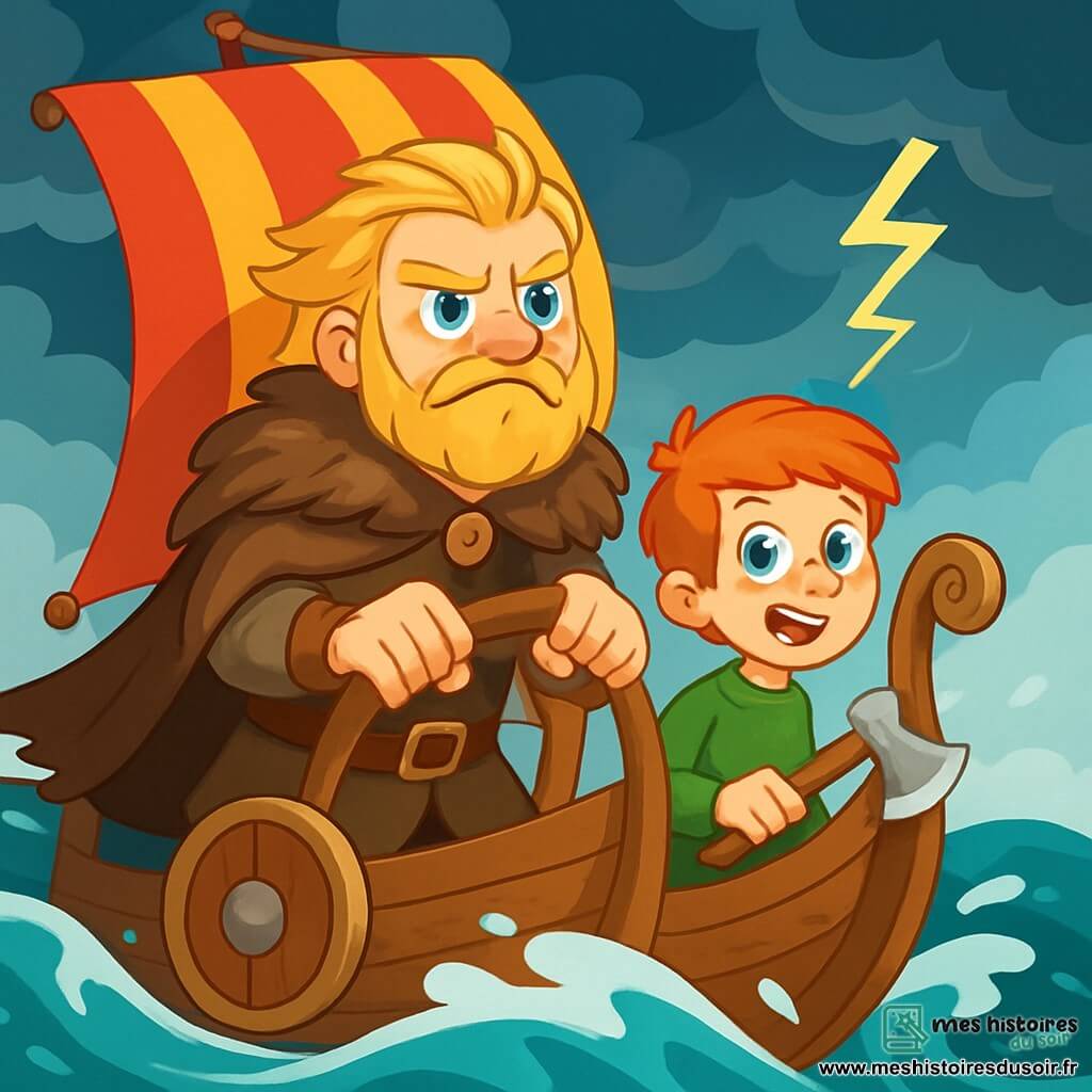Un jeune viking nommé Björn, aux cheveux blonds et à la barbe hirsute, tient fermement la barre de son drakkar, affichant une détermination courageuse. À ses côtés, son ami Erik, un garçon de douze ans aux cheveux roux, admire son ami tout en tenant une hache miniature. Le drakkar glisse sur une mer agitée, sous un ciel assombri par des nuages menaçants et des éclairs. Björn navigue à travers la tempête pour découvrir les mystères cachés derrière le brouillard magique.