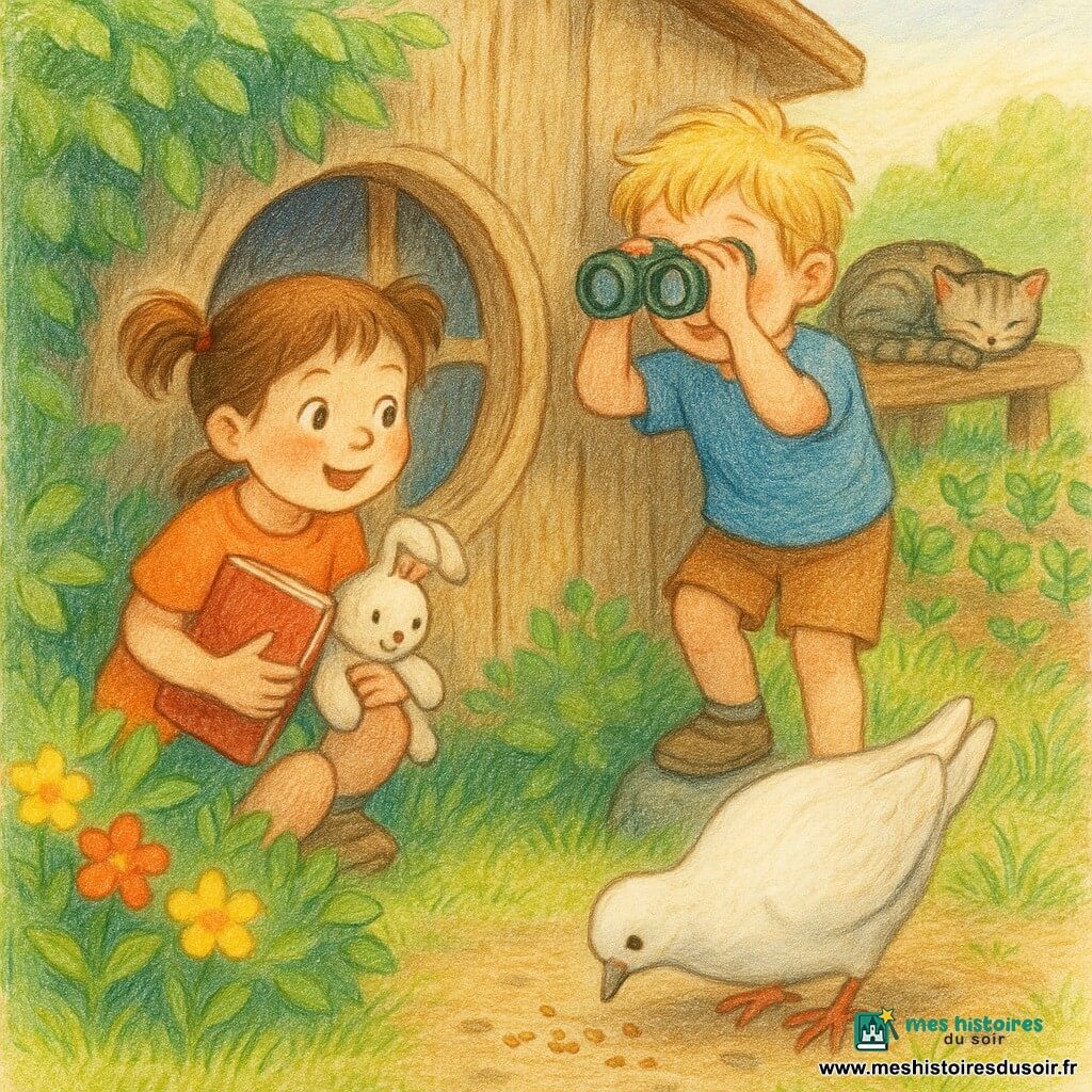 Une fillette de six ans, joyeuse et concentrée, cheveux châtains en couettes, accroupie près d’une petite fenêtre ronde de cabane tient un carnet à dessin rouge et un doudou lapin, tandis que Tom, garçon de six ans aux cheveux blonds en bataille, en t‑shirt bleu, se tient sur un caillou à côté d’elle avec des jumelles en plastique; une grosse colombe blanche picore des miettes devant la fenêtre en laissant des petites empreintes rondes dans la terre meuble, le chat gris rayé de la voisine dort roulé sur un banc proche, et le jardin coloré (herbe verte, fleurs jaunes et rouges, potager, cabane en bois vieilli) baigne dans une lumière matinale chaude; la scène, aux traits simples et couleurs pastel de crayon de couleur, montre la découverte et l’émerveillement des enfants.