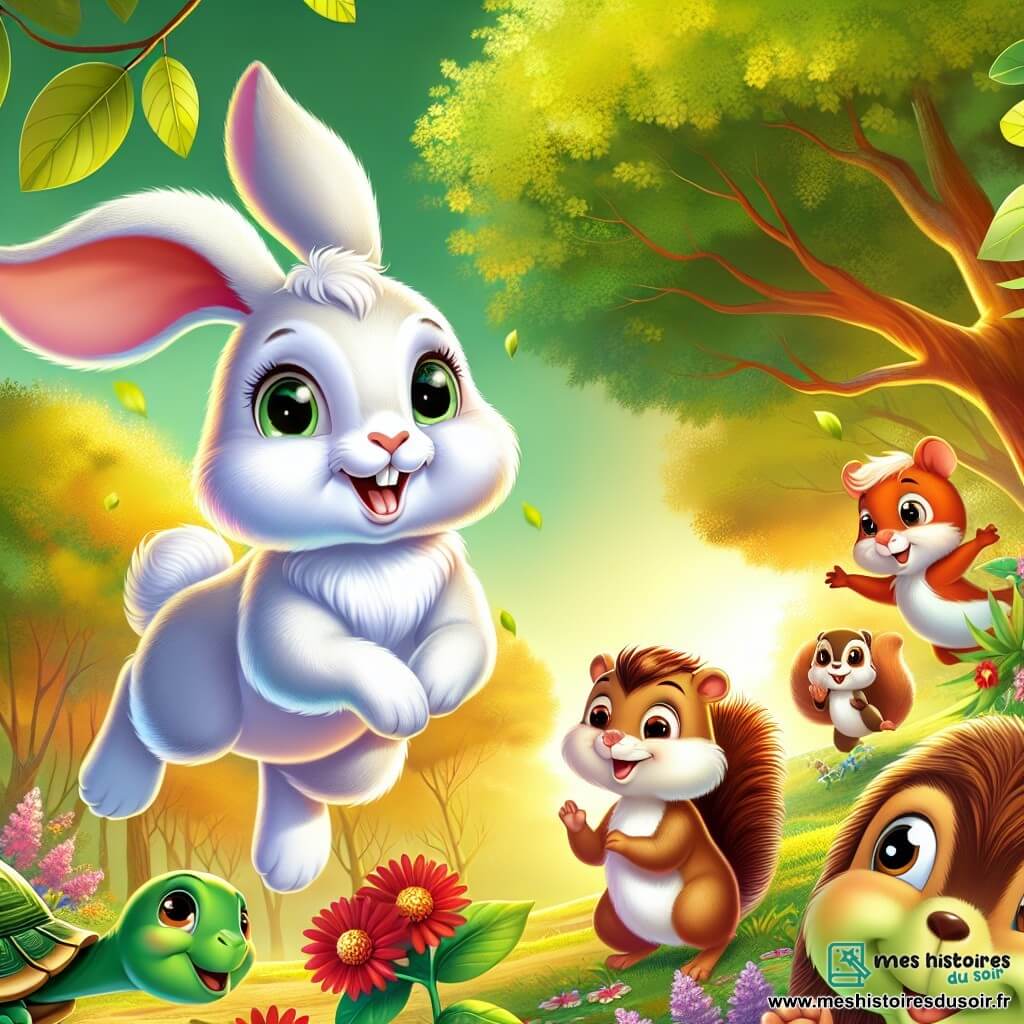 Illustration d'un lapin aux grandes oreilles, au pelage blanc éclatant et aux yeux curieux, bondissant avec grâce dans les airs, souriant de confiance et de joie. À proximité, une tortue à la carapace verte et brillante observe avec fierté, tandis qu'un petit écureuil roux applaudit avec enthousiasme et un hérisson marron sourit en hochant la tête. Le décor est une forêt enchantée, illuminée par la lumière dorée du soleil couchant, avec des arbres majestueux et des fleurs colorées dansant au vent. La scène montre le lapin en plein saut, soutenu par ses amis, illustrant la confiance en soi et l'importance de l'amitié, avec des couleurs vives et des détails enchanteurs pour séduire les jeunes lecteurs.