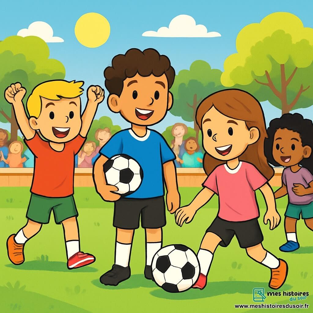 Quatre enfants jouent au football : Hugo, 12 ans, cheveux bruns et bouclés, porte un maillot bleu et un short noir, souriant avec un ballon sous le bras. Léo, 12 ans, cheveux blonds, t-shirt rouge et short vert, lève les bras avec enthousiasme à gauche d'Hugo. Clara, 12 ans, cheveux châtains, maillot rose et short noir, fait une passe à droite d'Hugo, souriante. Sofia, 12 ans, cheveux frisés et noirs, t-shirt violet et short bleu, est prête à courir vers le ballon. Ils sont sur un terrain de football verdoyant, entouré d'arbres, avec des enfants et des parents en arrière-plan, créant une ambiance festive. L'image illustre l'esprit d'équipe et l'égalité des genres, avec Clara passant le ballon à Léo, tandis qu'Hugo et Sofia se préparent à marquer.