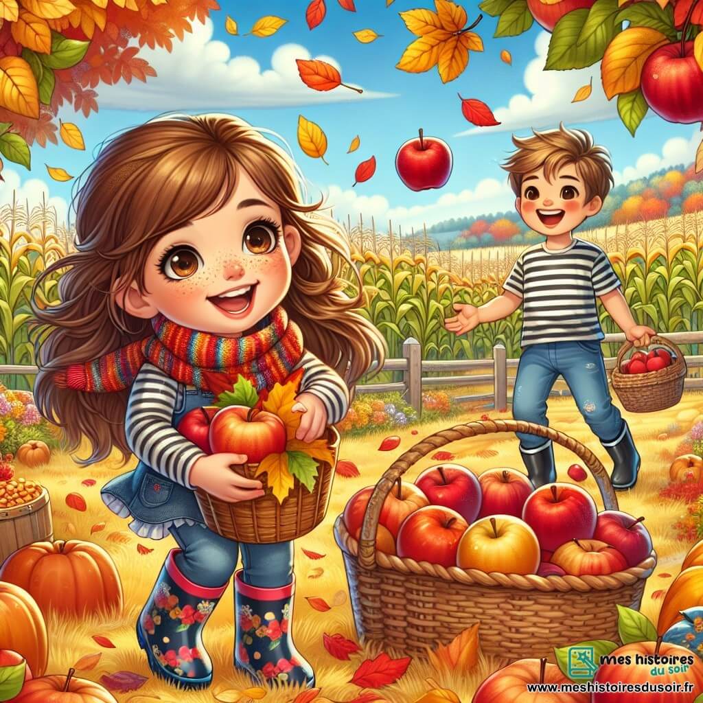 Clara, une petite fille de 10 ans aux longs cheveux bruns et aux taches de rousseur, sourit en ramassant des feuilles d'automne colorées dans un champ doré. Elle porte une écharpe rayée et des bottes en caoutchouc, montrant une grande excitation. À ses côtés, Lucas, un garçon de 9 ans avec des cheveux blonds en bataille et un t-shirt à rayures, rit en tenant un panier de pommes rouges. Ils se trouvent dans une ferme pittoresque, entourée de champs de maïs et de pommiers, sous un ciel bleu clair. Clara et Lucas s'amusent à récolter des feuilles et des pommes, symbolisant la joie et l'amitié de l'automne.