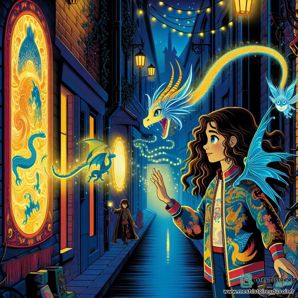 Au centre de l'image, Lila, une fille de 11 ans aux longs cheveux châtains et aux yeux curieux, porte une veste colorée avec des motifs de dragons. Elle tend les mains vers un ancien miroir magique qui scintille d'une lumière dorée, révélant une créature fantastique. À ses côtés, un dragon miniature nommé Zephyr, aux écailles bleu profond et aux yeux d'or, flotte dans les airs, prêt à l'aider. En arrière-plan, Lune, une créature mystérieuse à la silhouette sombre et aux yeux tristes, observe la scène avec espoir. Le décor est une ruelle étroite de Verneuil, ornée de graffitis colorés et de lianes sombres, où la lumière du couchant se mêle aux néons, créant une atmosphère magique. Lila est prête à découvrir un monde fantastique, encouragée par Zephyr et Lune, symbolisant l'union entre le réel et le magique.