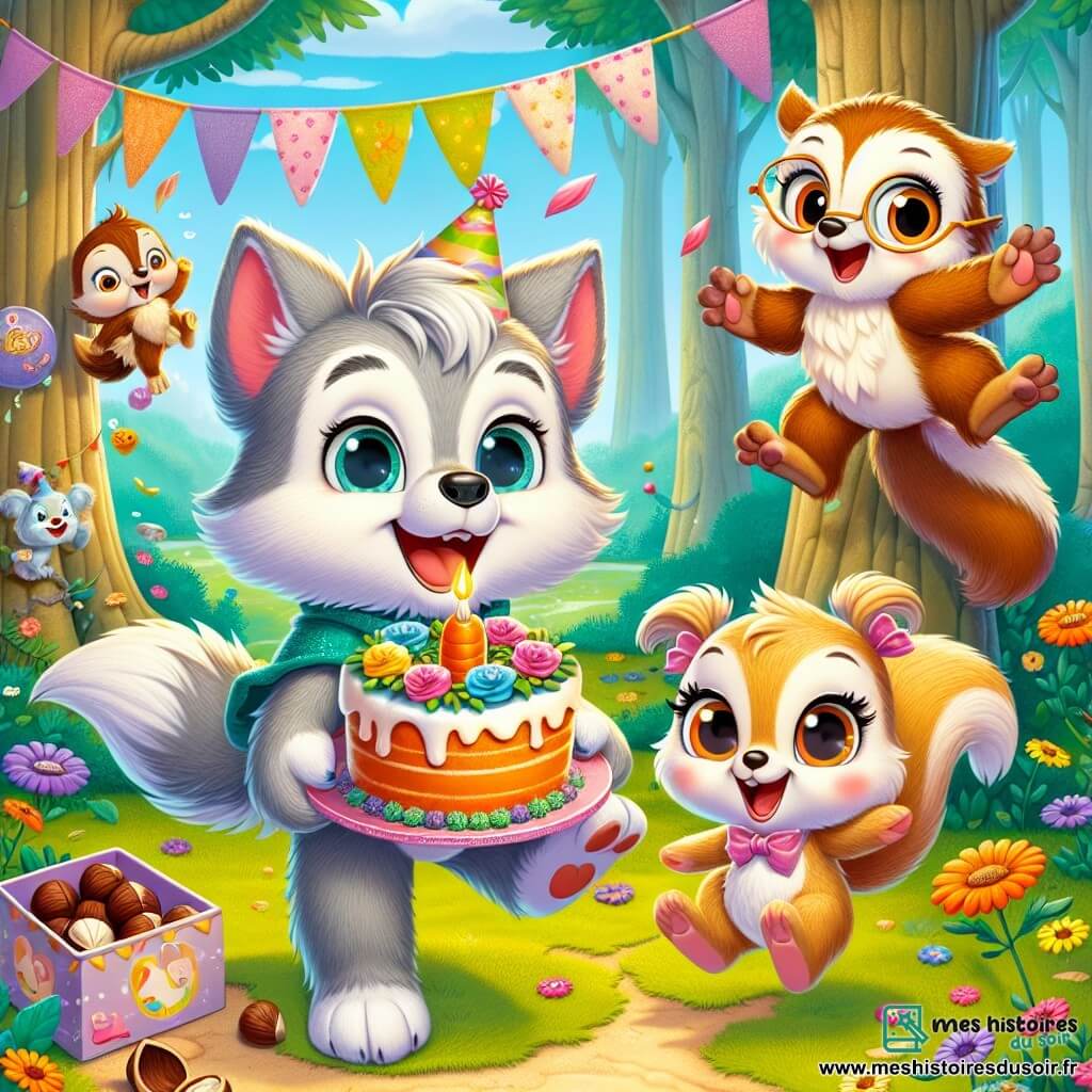Au centre de l'image, Loulou, un petit loup au pelage gris et aux yeux joyeux, tient un gâteau à la carotte décoré de fleurs. Il sourit, excité pour son anniversaire. À sa droite, Gracie, une écureuil espiègle avec une fourrure brun clair, saute de joie en tenant une boîte de noisettes en chocolat. À gauche, Hugo, un hibou sage aux plumes marron et lunettes rondes, observe avec bienveillance. En arrière-plan, une clairière enchantée entourée d'arbres majestueux et de fleurs colorées crée une ambiance festive. Loulou est entouré de ses amis, prêts à célébrer avec rires et magie.