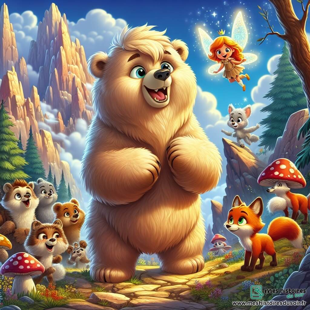 Un ours nommé Oscar, au pelage doré et doux, se tient au centre de la scène avec un regard déterminé. Il a de grands yeux brillants et un sourire chaleureux, rugissant avec force, entouré de ses amis. À ses côtés, une petite fée nommée Lila, avec des ailes scintillantes, vole joyeusement, ses yeux pétillants d'espoir. Dans le fond, un groupe de renards malicieux observe avec curiosité, prêts à aider Oscar dans sa quête. La scène se déroule au Mont des Échos, un sommet majestueux sous un ciel bleu éclatant. L’atmosphère est magique, avec des éclats de lumière créant une ambiance féerique. Oscar rugit pour rassembler ses amis et défier la sorcière maléfique qui a volé les couleurs de la forêt, tandis que Lila et les renards l’encouragent, formant un tableau vibrant de courage et d’amitié.