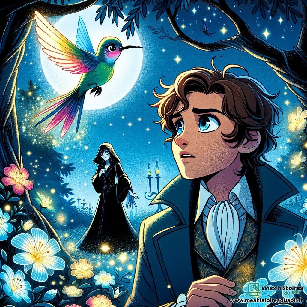 Émile, un homme au cœur pur, se tient courageusement dans son jardin magique, entouré de fleurs brillantes appelées Lueurs de Lune. Il a des cheveux bruns bouclés, des yeux déterminés et porte un manteau bleu flottant au vent. Son visage exprime une profonde concentration alors qu'il se prépare à défendre ses fleurs. À ses côtés, un petit colibri aux plumes chatoyantes vole avec agitation, observant attentivement Morgana, la sorcière maléfique, qui se tient à quelques pas. Morgana, avec un visage anguleux et des cheveux noirs, porte une robe sombre et menaçante, ses yeux brillent d'une lueur cruelle alors qu'elle lance un sort. Le jardin d'Émile est enchanteur, rempli de fleurs lumineuses, avec des arbres majestueux et une douce lumière de lune. La scène montre Émile prêt à défendre ses Lueurs de Lune contre Morgana, qui tente de les voler. La tension est palpable, mais l'espoir brille dans les yeux d'Émile.