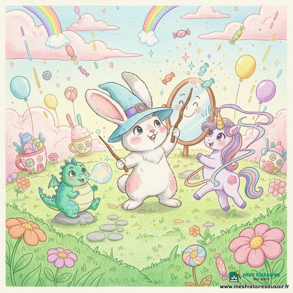 Un petit lapin magique anthropomorphe au pelage blanc duveté avec taches rose pastel, grandes oreilles tombantes, chapeau pointu bleu clair et baguette en bois tordue, agite sa baguette en projetant des étincelles colorées ; à gauche Gigi le petit dragon rond vert aux écailles turquoise éternue une bulle de savon arc‑en‑ciel en se tenant sur une pierre, à droite Lila la petite licorne lavande à crinière multicolore ondulante tourne en envoyant des rubans colorés, derrière se trouve un miroir parlant ovale sur pied en bois avec un visage souriant, le tout dans une prairie féerique de Patafouille à herbe verte parsemée de fleurs géantes, nuages roses, maisons en forme de tasses, chemin pavé, ballons flottants et pluie de bonbons ; le lapin lance un sort pour ramener les couleurs, des arcs‑en‑ciel de bonbons et des ballons multicolores tombent doucement, ambiance ludique et lumineuse, rendu crayons de couleur aux textures douces, contours clairs et palette vive.