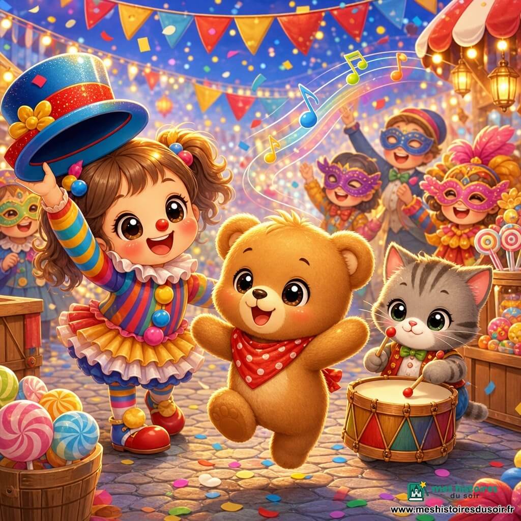 Un petit ours en peluche chibi, joyeux et curieux, pelage miel, yeux ronds brillants, petite écharpe rouge à pois, saute sur la pointe des pieds parmi des confettis; une fillette chibi costumée en clown, sourire large, couettes colorées et robe à volants rayée agite un grand chapeau à gauche; un chaton tambourinier chibi, pelage gris rayé, frappe doucement un tambour derrière eux avec des notes dessinées dans l’air; en arrière-plan, silhouettes d’adultes festifs en costumes et masques qui rient et jettent des confettis; rue de carnaval pavée avec guirlandes de fanions rouge, jaune et bleu, stands en bois vendant sucettes et lampions, petites lumières scintillantes; ambiance de fête animée, musique en vagues colorées et pluie douce de confettis, l’ours émerveillé par la musique et les sucreries.