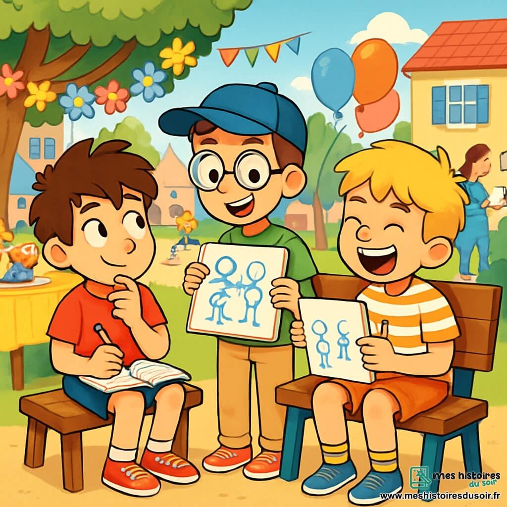 Trois garçons de 10 ans sont présents : Jules, avec des cheveux bruns en bataille, un t-shirt rouge et un short bleu, est assis sur un banc en bois avec un carnet et un crayon, pensif. Maxime, portant une casquette bleue et des lunettes rondes, se tient à côté de lui, montrant son carnet rempli de dessins. Léo, aux cheveux blonds et en t-shirt rayé, rit avec eux tout en tenant un crayon. L'action se déroule sur la place du village de Chanterelle-les-Prés, décorée de maisons colorées et de guirlandes de fleurs en papier. Les trois amis discutent et dessinent des idées pour la fête des mères, entourés d'une ambiance joyeuse avec des enfants jouant et des mamans échangeant des lettres.