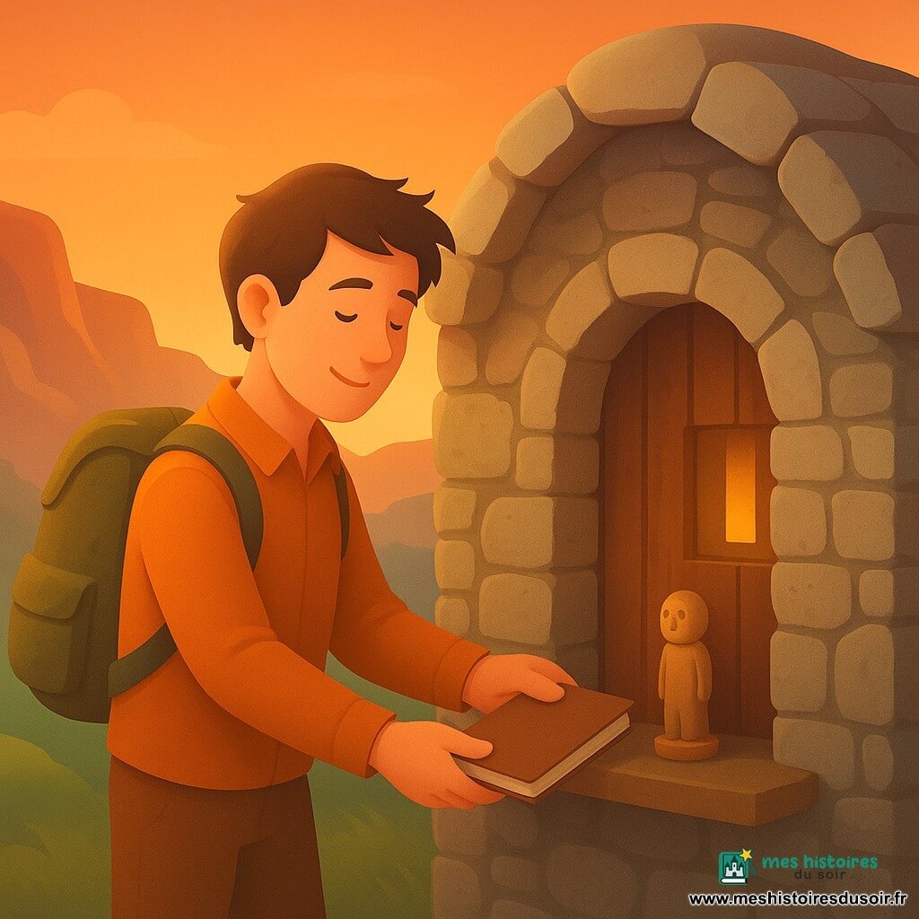 Un explorateur nommé Henri, avec un visage serein et souriant, porte un sac à dos usé et tient un carnet dans sa main, se tenant devant un petit refuge en pierre. Ses cheveux bruns sont légèrement ébouriffés par le vent. À côté de lui, une petite statuette en bois est posée sur une étagère à l'intérieur du refuge. Le refuge est fait de pierres anciennes, avec une porte en bois et une petite fenêtre laissant entrer une douce lumière. Autour, les falaises du cirque volcanique brillent sous le ciel orangé du crépuscule, et une vapeur douce s'échappe des fissures dans les roches cuivrées. Henri est en train de déposer son carnet sur l'étagère, de manière respectueuse et attentionnée.