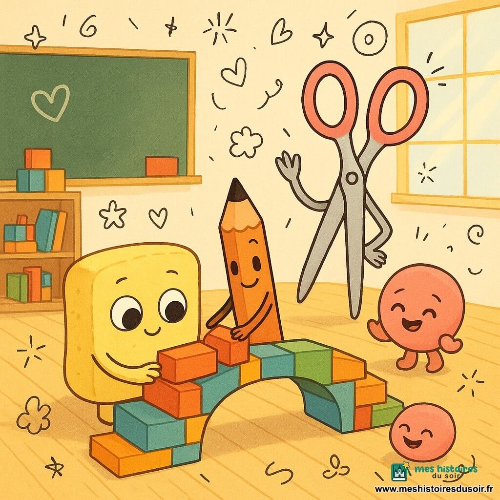 Émile, petite éponge anthropomorphe jaune pâle aux grands yeux ronds et sourire timide, est assise et tend un bloc en mousse pour construire un pont; Pierre, crayon brun-orange fin à mine noire, bras minuscules et air concentré, pose soigneusement un bloc à côté d'Émile; Madame Ciseaux, grande paire de ciseaux en métal brillant aux manches roses, souriante et bienveillante, se tient derrière en encourageant; Léa la gomme, petite ronde et rose, roule en applaudissant. La classe claire et colorée, avec tableau noir, étagères basses, sol en lattes claires et rayons de soleil, abrite la construction d'un grand pont de blocs entouré de tours inachevées, doodles de cœurs et d'étoiles, palette vive et douce, style simple et expressif aux traits arrondis, atmosphère joyeuse et collaborative.