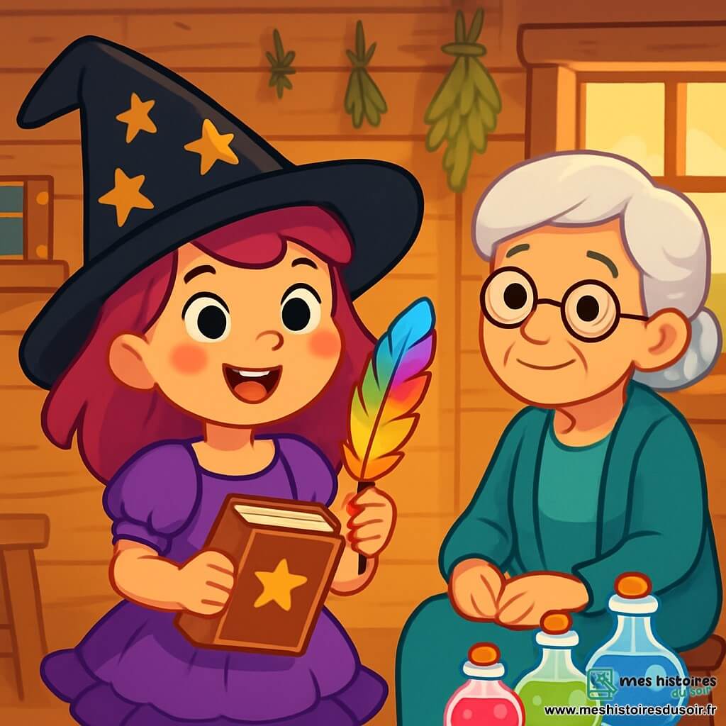 Lila, une jeune apprentie sorcière, se tient dans une chaumière en bois, déterminée et excitée. Elle porte un chapeau pointu noir orné d'étoiles dorées et une robe violette à volants, tenant une plume d’oiseau arc-en-ciel et un vieux grimoire. À ses côtés, Mamie Eugénie, une femme âgée aux cheveux argentés, l'observe avec fierté, entourée de bocaux de potions colorées. La chaumière est lumineuse, avec des murs en bois, des étagères de livres anciens et des herbes suspendues. Lila, pleine d'énergie, se prépare à lancer un sort pour briser une malédiction sur leur village, encouragée par Mamie Eugénie.