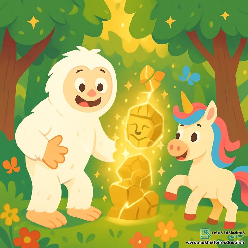 Un yéti blanc, doux et grand, avec des yeux ronds et brillants, se tient dans une forêt magique, exprimant joie et émerveillement. Ses pieds sont enfoncés dans la mousse verte, tandis qu'il observe une statue ancienne qui se reforme devant lui. À ses côtés, une licorne aux crins roses et bleus danse joyeusement, s'approchant du yéti pour l'encourager. La forêt enchantée, avec ses arbres hauts aux feuilles brillantes et ses fleurs colorées, est habitée par des papillons, ajoutant à la magie de l'environnement. Le yéti, Toutou, utilise son cœur pour réparer la statue cassée, tandis que la licorne, Luna, l'encourage avec tendresse, sous la lumière dorée de la magie de la forêt.