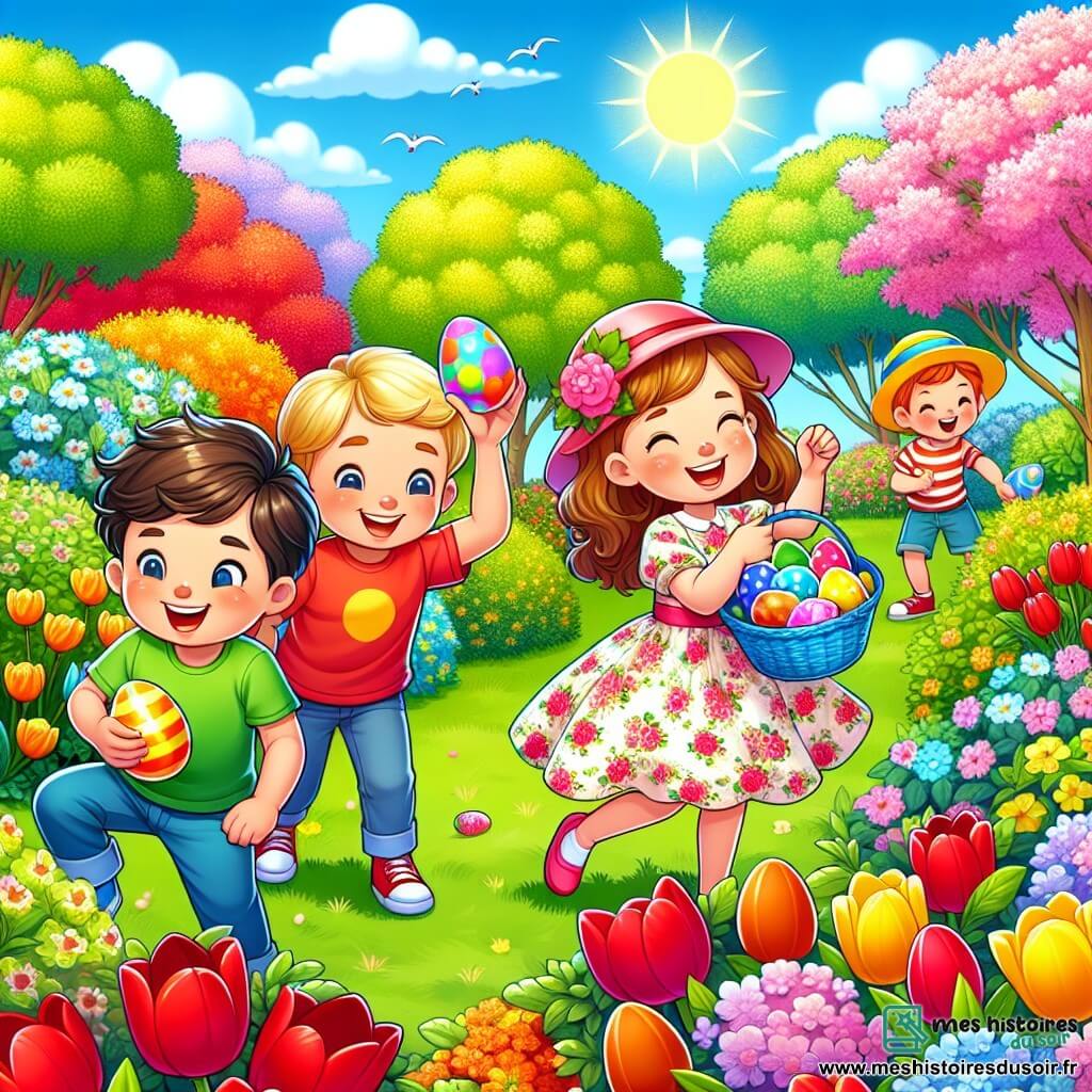 Dans un jardin en pleine floraison, quatre enfants sont réunis pour une chasse aux œufs de Pâques. Tom, 7 ans, sourit au centre avec un panier bleu rempli d'œufs colorés. À sa droite, Mia, 6 ans, danse avec un œuf rose. À gauche, Sam, 7 ans, examine un œuf jaune sous un buisson. Lucas, 6 ans, se tient en arrière-plan, levant les bras avec un grand sourire. Le jardin est rempli de fleurs éclatantes et le ciel est bleu avec des nuages. Les enfants rient et s'amusent, profitant de la beauté du printemps.