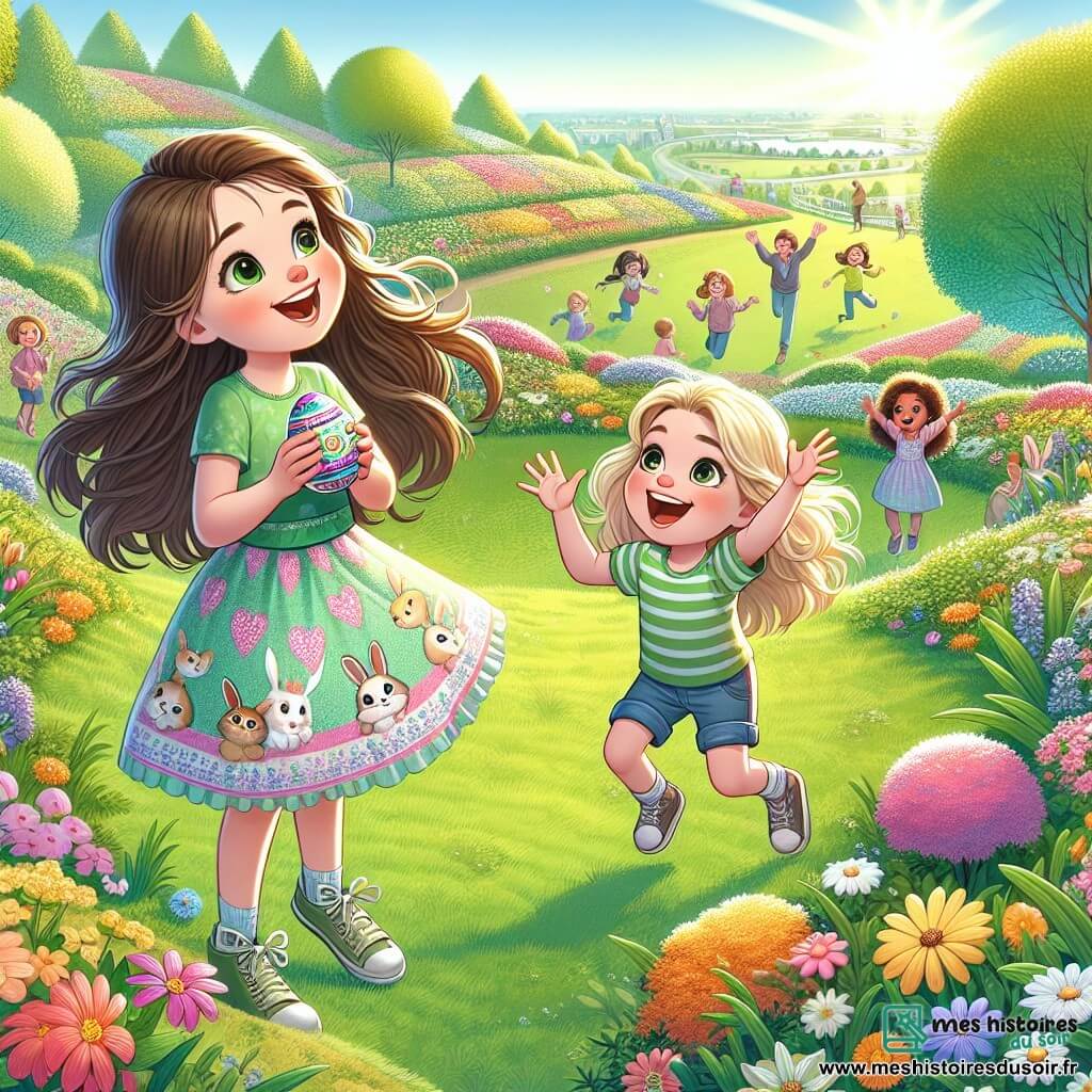Lily, une petite fille de 10 ans, se tient au sommet d'une colline verdoyante, entourée de fleurs colorées. Elle a de longs cheveux bruns, des yeux pétillants de joie et porte une robe à motifs de lapins. Elle tient un œuf de Pâques brillant. À ses côtés, Max, son ami aux cheveux blonds et lunettes rondes, sourit et saute de joie en t-shirt vert et short bleu. Clara, une autre amie avec des cheveux bouclés et une robe rose, applaudit avec enthousiasme, prête à célébrer leur découverte. Le lieu est ensoleillé, avec une vue sur un parc où des enfants jouent et des familles pique-niquent. Ensemble, ils découvrent un œuf de Pâques spécial, symbole de leur aventure et de leur amitié.