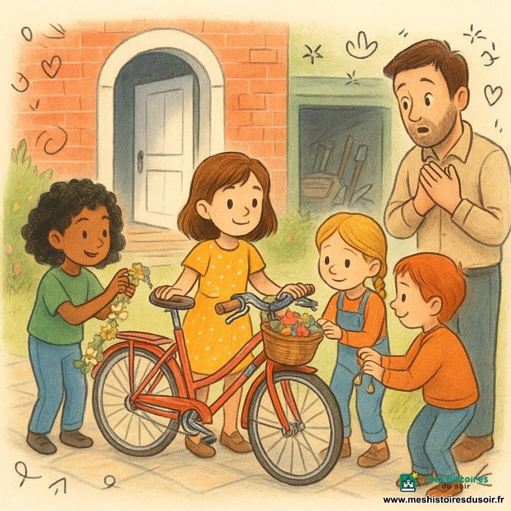 Cinq personnages : Camille (fille ~9 ans, cheveux châtains mi‑longs, robe jaune à pois) tient par le guidon la bicyclette restaurée, Jade (~9 ans, cheveux bouclés noirs, t‑shirt vert) accroche une guirlande de fleurs au panier, Léa (~8 ans, cheveux blonds en tresse, salopette bleue) colle des autocollants sur le cadre, Zoé (~9 ans, cheveux roux courts, sweat orange) attache de petites clochettes au guidon, et le papa (~35 ans, barbe légère, chemise beige) se tient devant la porte entrouverte, surpris et ému, mains sur le cœur. Devant la maison en briques rouges avec jardin, pelouse et parterres, garage ouvert en arrière‑plan, ciel clair de fin d’après‑midi avec lumière douce et ombres longues, sol en dalles, quelques doodles flottants (cœurs, étoiles). Les filles présentent la vieille bicyclette restaurée, brillante et décorée de rubans, panier en osier et fleurs en papier ; expression joyeuse des enfants et larmes de joie discrètes chez le papa ; style coloré, traits doux, textures papier et crayon, palette pastel vive.