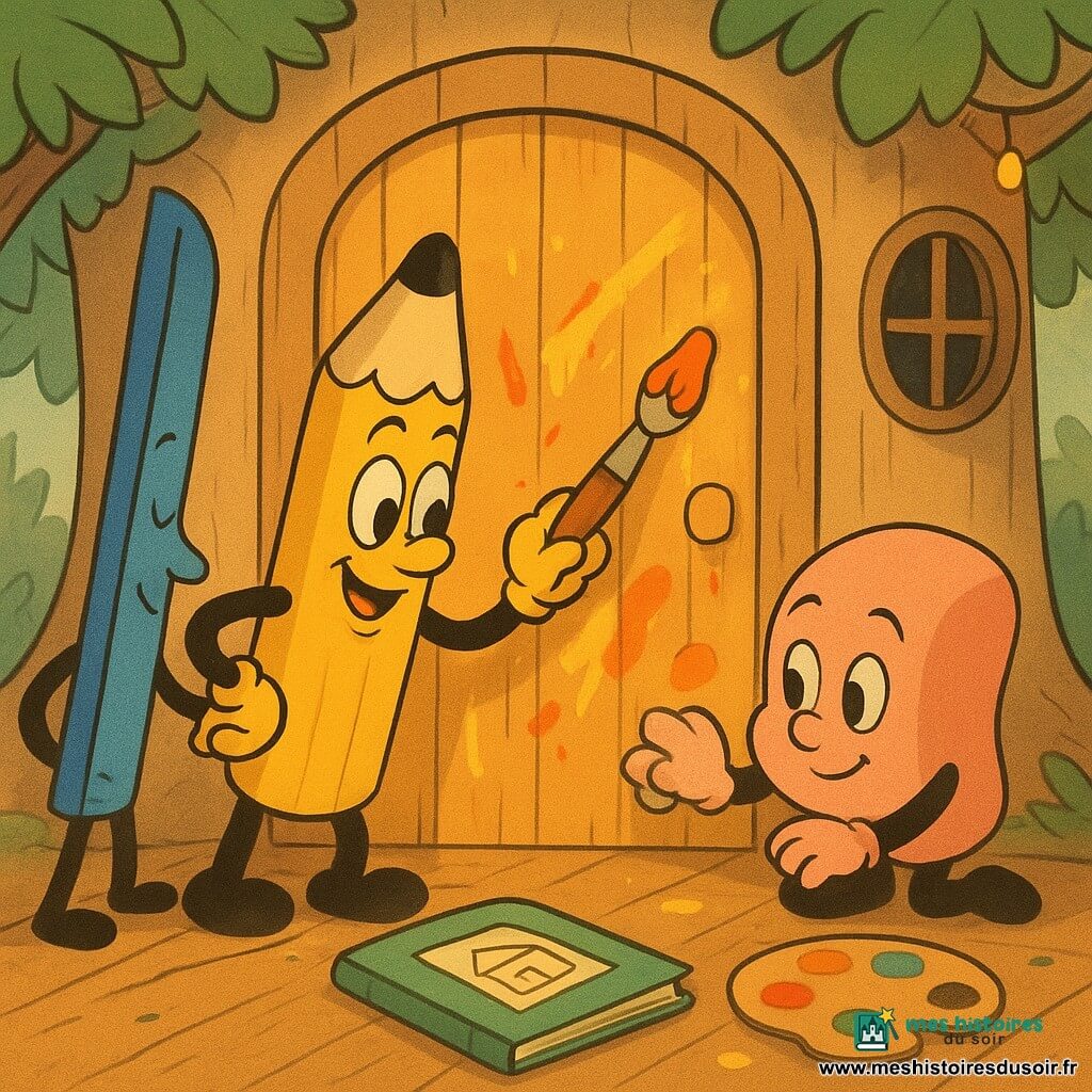 Marcel, crayon jaune anthropomorphe au visage rond et sourire concentré, peint la grande porte en bois de la cabane avec un pinceau; une règle bleue anthropomorphe, posée à gauche et les yeux mi-clos, guide une ligne droite, une gomme rose ronde à droite enlève une tache avec précaution, et un cahier vert cartonné ouvert montre le plan de la cabane; la cabane claire est posée sur une grosse branche de pommier, feuilles vertes encadrant la scène, petite fenêtre ronde et guirlande de lucioles, vernis encore humide, éclaboussures de peinture jaune, orange, rouge, bleu et vert, lumière dorée de fin d’après-midi et atmosphère chaleureuse et coopérative.