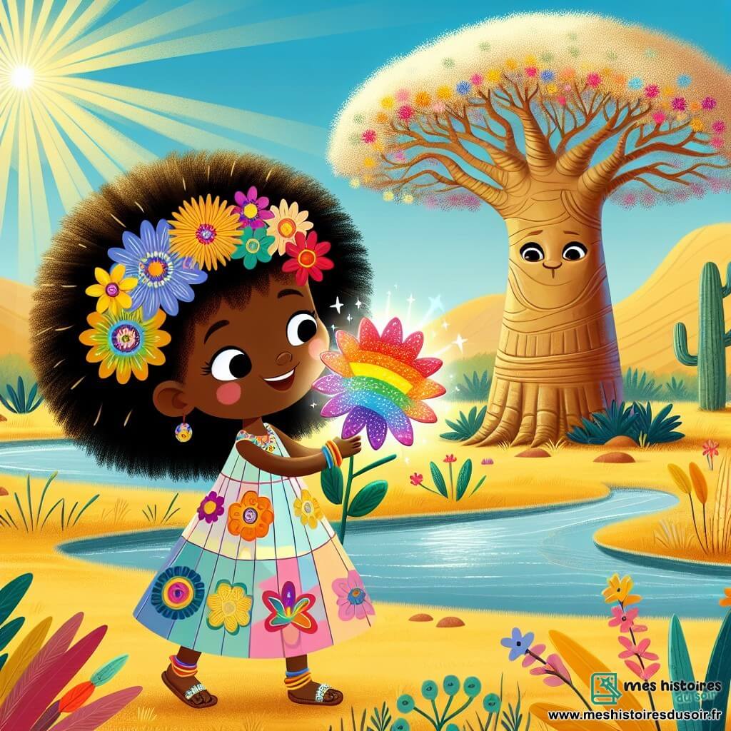 Au centre de l'image, Lila, une petite fille de 8 ans, sourit émerveillée. Elle a de longs cheveux crépus ornés de fleurs, une robe légère aux motifs africains et des sandales en paille. Ses yeux brillent d'excitation en admirant une fleur arc-en-ciel scintillante devant elle. À côté, un baobab majestueux semble l'écouter, ses feuilles bruissant doucement. En arrière-plan, un ruisseau clair serpente à travers la savane, entouré de collines dorées et d'herbes hautes. Lila découvre la fleur arc-en-ciel, illuminant son visage et le paysage, symbolisant la joie et la diversité.