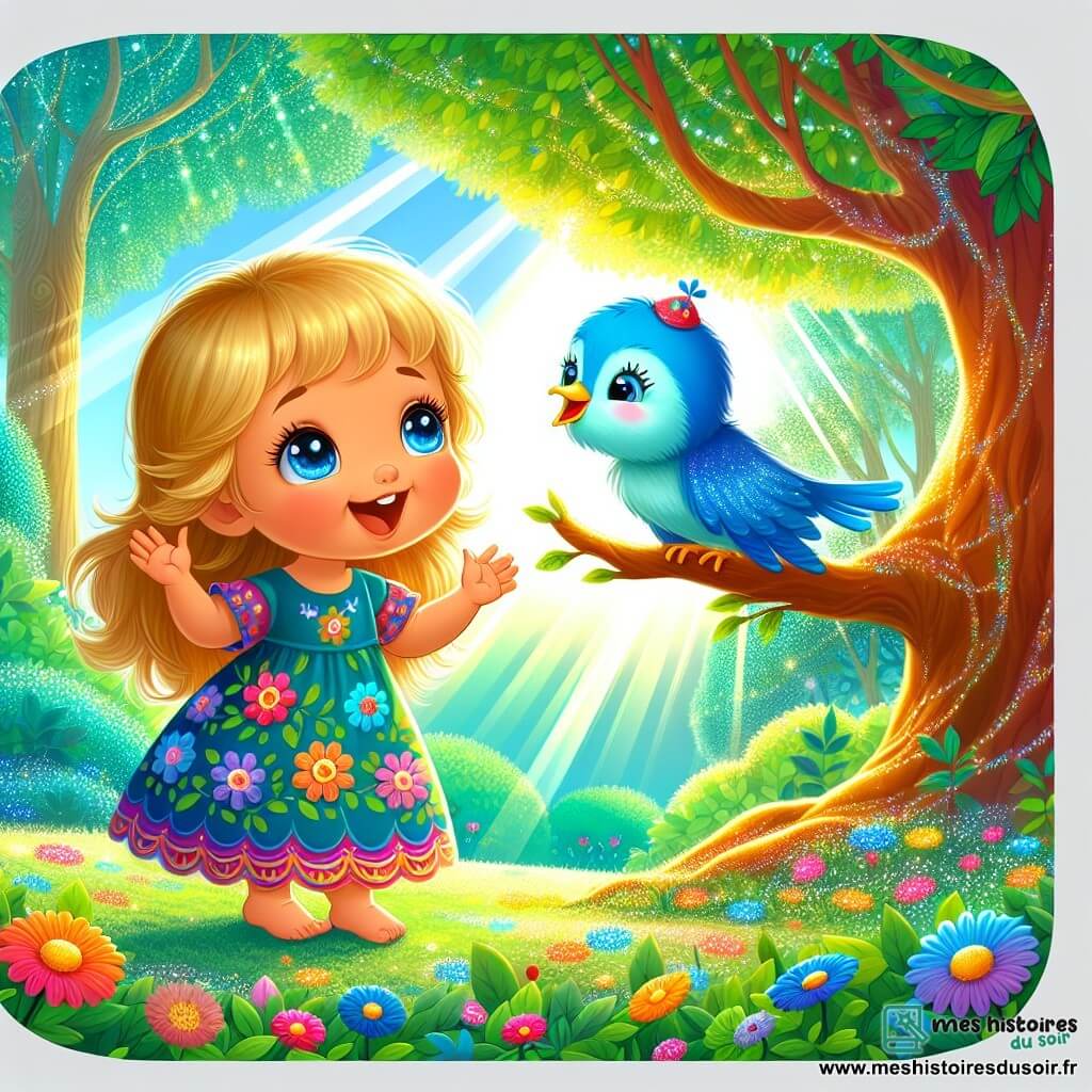 Une petite fille de 2 ans, aux cheveux dorés et aux yeux curieux, sourit en regardant un oiseau bleu perché sur une branche d'un grand arbre. Elle porte une robe à fleurs colorées et se tient sur un tapis d'herbe verte, les bras ouverts. L'oiseau, avec un chapeau rouge, la regarde avec bienveillance. La scène se déroule dans une forêt enchantée, remplie d'arbres majestueux et de fleurs multicolores, baignée par un doux rayon de soleil. La petite fille écoute attentivement l'oiseau, tandis que les feuilles de l'arbre chantent une mélodie joyeuse, créant une atmosphère de bonheur et de partage.