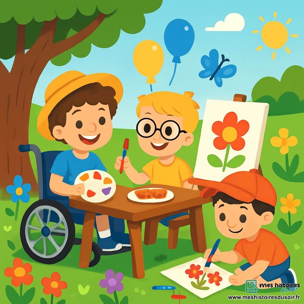 Il y a trois personnages : Léo, un garçon de 8 ans dans un fauteuil roulant, souriant avec une palette de peinture ; Tom, un garçon de 7 ans avec des lunettes, debout à côté de Léo, tenant un pinceau et regardant le tableau ; et Arthur, un garçon de 6 ans accroupi, dessinant des fleurs rouges. Ils se trouvent dans un jardin ensoleillé, entourés de fleurs colorées et d'arbres verts, avec une table en bois. Les garçons peignent et dessinent ensemble, riant et partageant des biscuits sous un arbre, créant un moment joyeux d'été.
