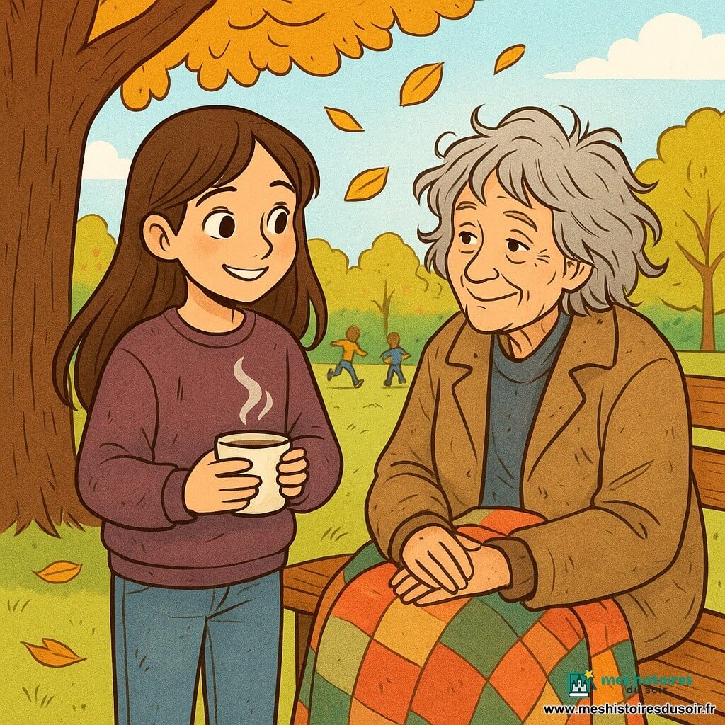 Une fille de 12 ans, Lina, avec de longs cheveux bruns et des yeux pétillants, se tient sous un marronnier, souriante. Elle porte un sweat usé et un jean, tenant une tasse de thé fumant, son regard plein de compassion. À côté d'elle, une dame d'un certain âge, Sylvie, avec des cheveux gris en désordre et un grand manteau usé, sourit doucement, assise sur un banc en bois, entourée d'une couverture colorée. Le parc est verdoyant, avec des feuilles dorées tombant des arbres et des enfants jouant au loin. Lina et Sylvie partagent un moment de tendresse, échangeant des sourires et des histoires dans cet environnement paisible.